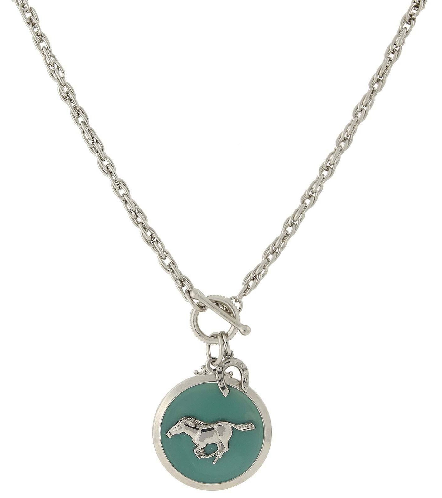 1928 Jewelry Turquoise Color Enamel Horse Pendant Toggle Necklace 18"