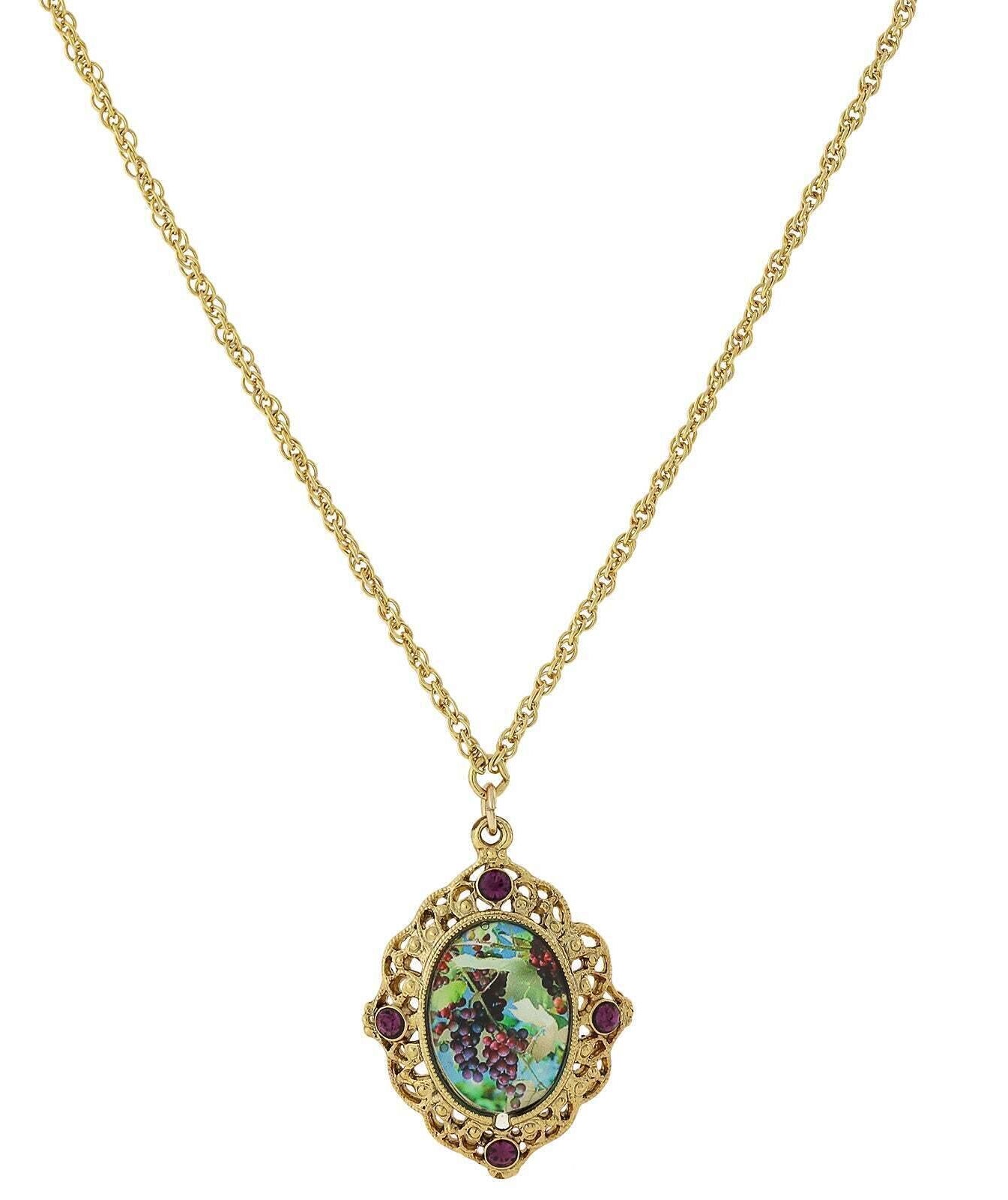 1928 Jewelry Winery Grapes Decal Purple Accent Filigree Pendant Necklace 16" + 3" Extender