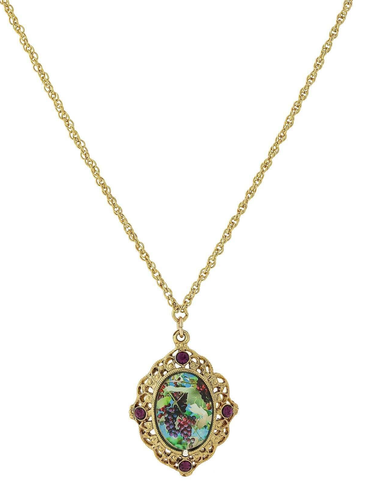 1928 Jewelry Winery Grapes Decal Purple Accent Filigree Pendant Necklace 16" + 3" Extender