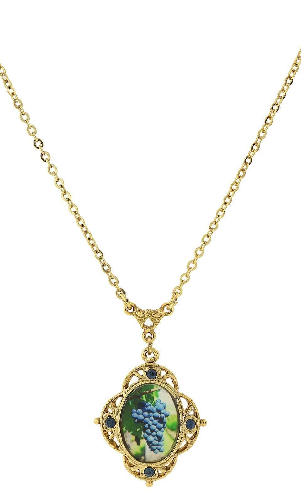 1928 Jewelry Winery Montana Blue Accent Purple Grapes Decal Pendant Necklace 16" + 3" Extender