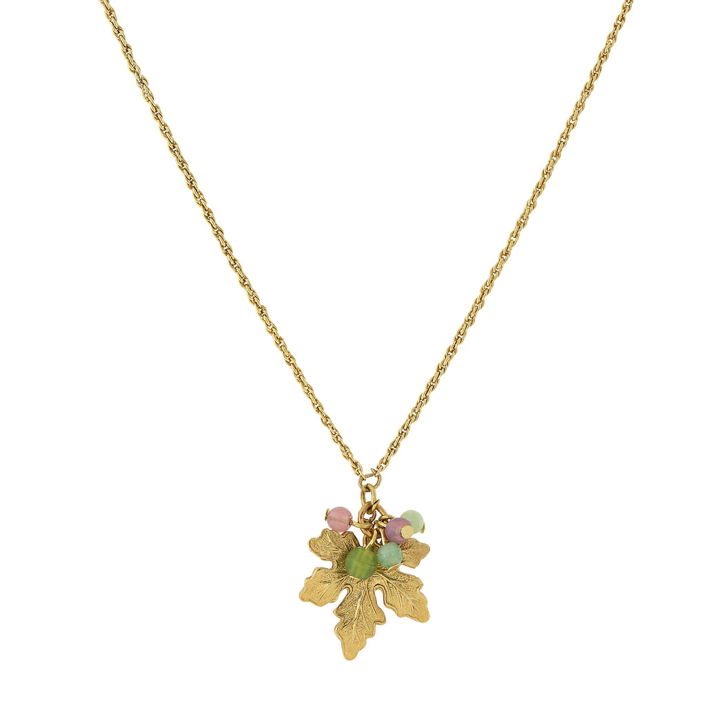 14K Gold Dipped Grape Leaf Necklace With Pink And Green Bead Accents 16   19 Inch Adjustable