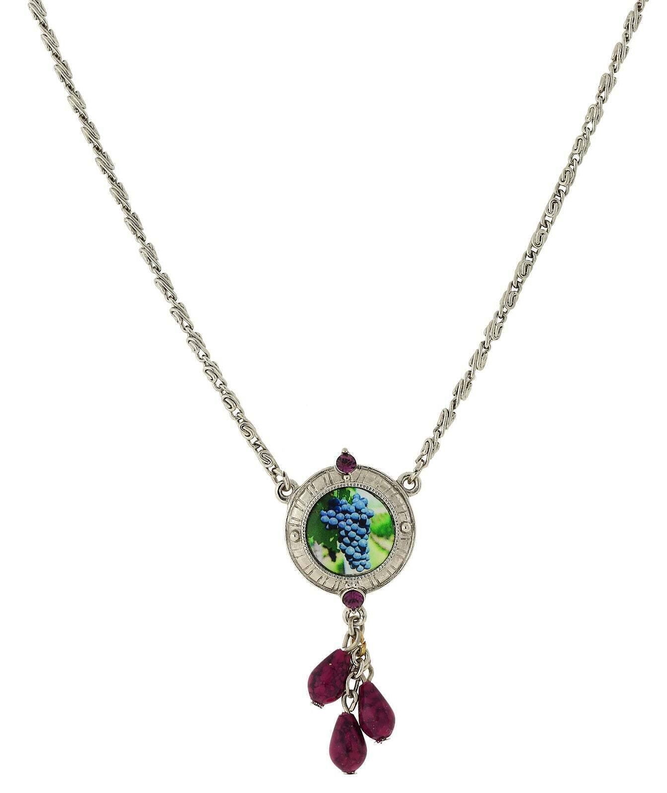1928 Jewelry Winery Purple Grapes Decal And Amethyst Color Drop Necklace 16" + 3" Extender