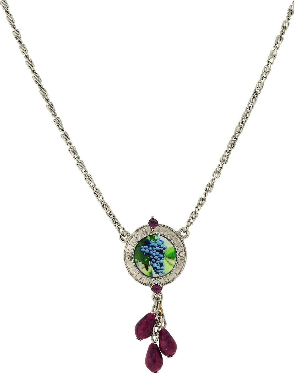 1928 Jewelry Winery Purple Grapes Decal And Amethyst Color Drop Necklace 16" + 3" Extender