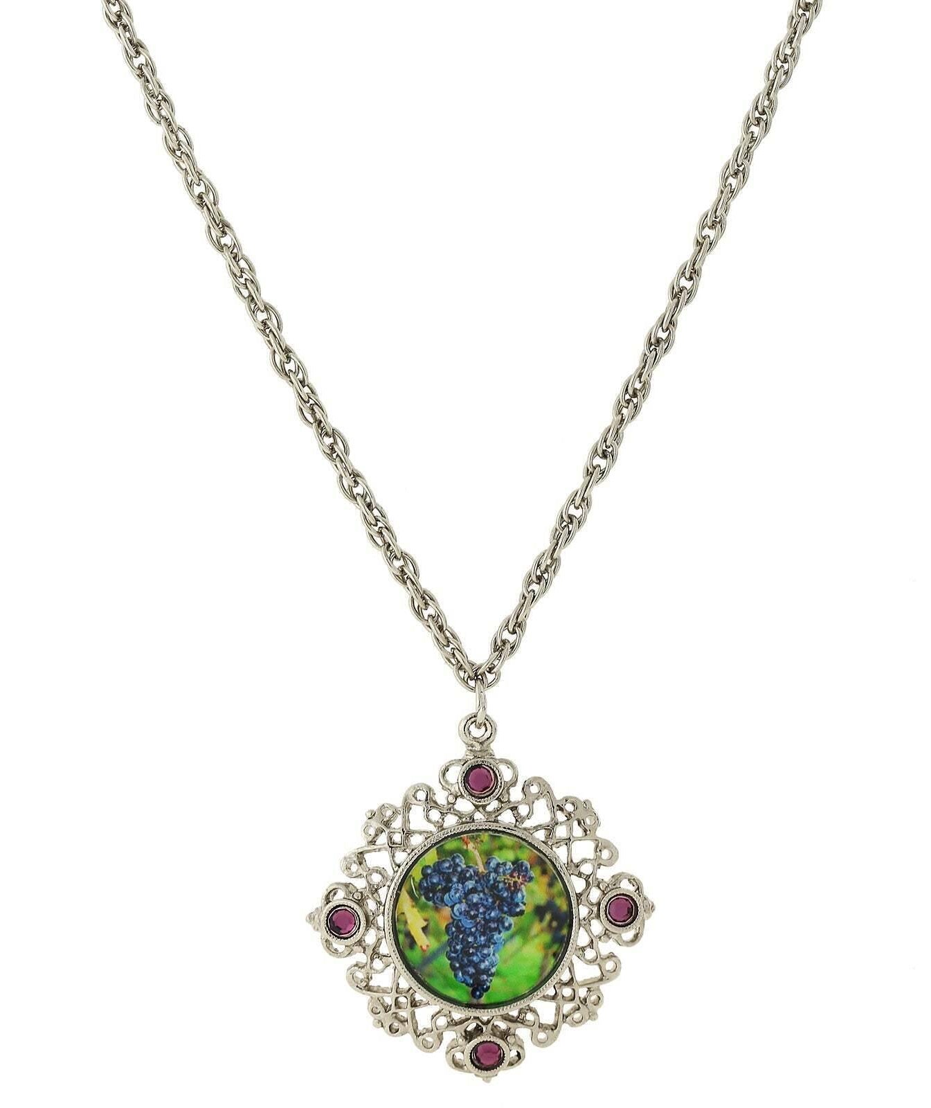 1928 Jewelry Winery Purple Grapes Decal And Filigree Pendant Necklace 16" + 3" Extender