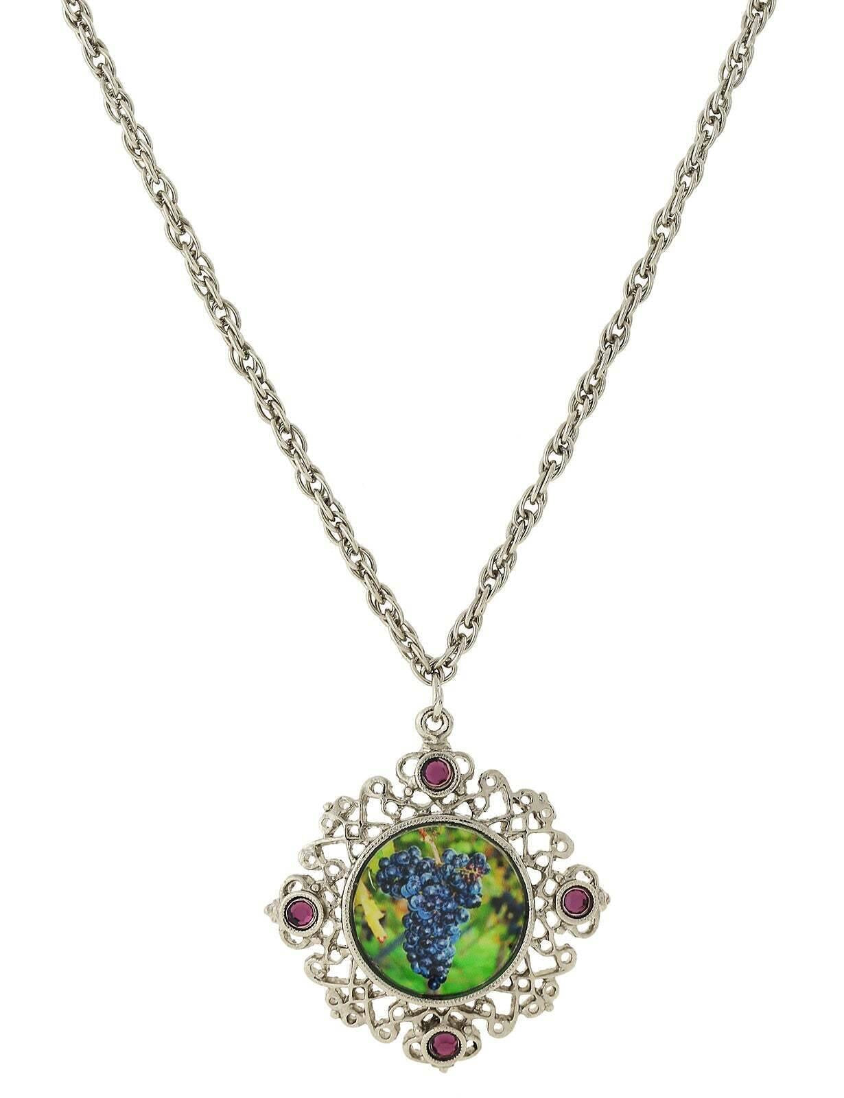 1928 Jewelry Winery Purple Grapes Decal And Filigree Pendant Necklace 16" + 3" Extender