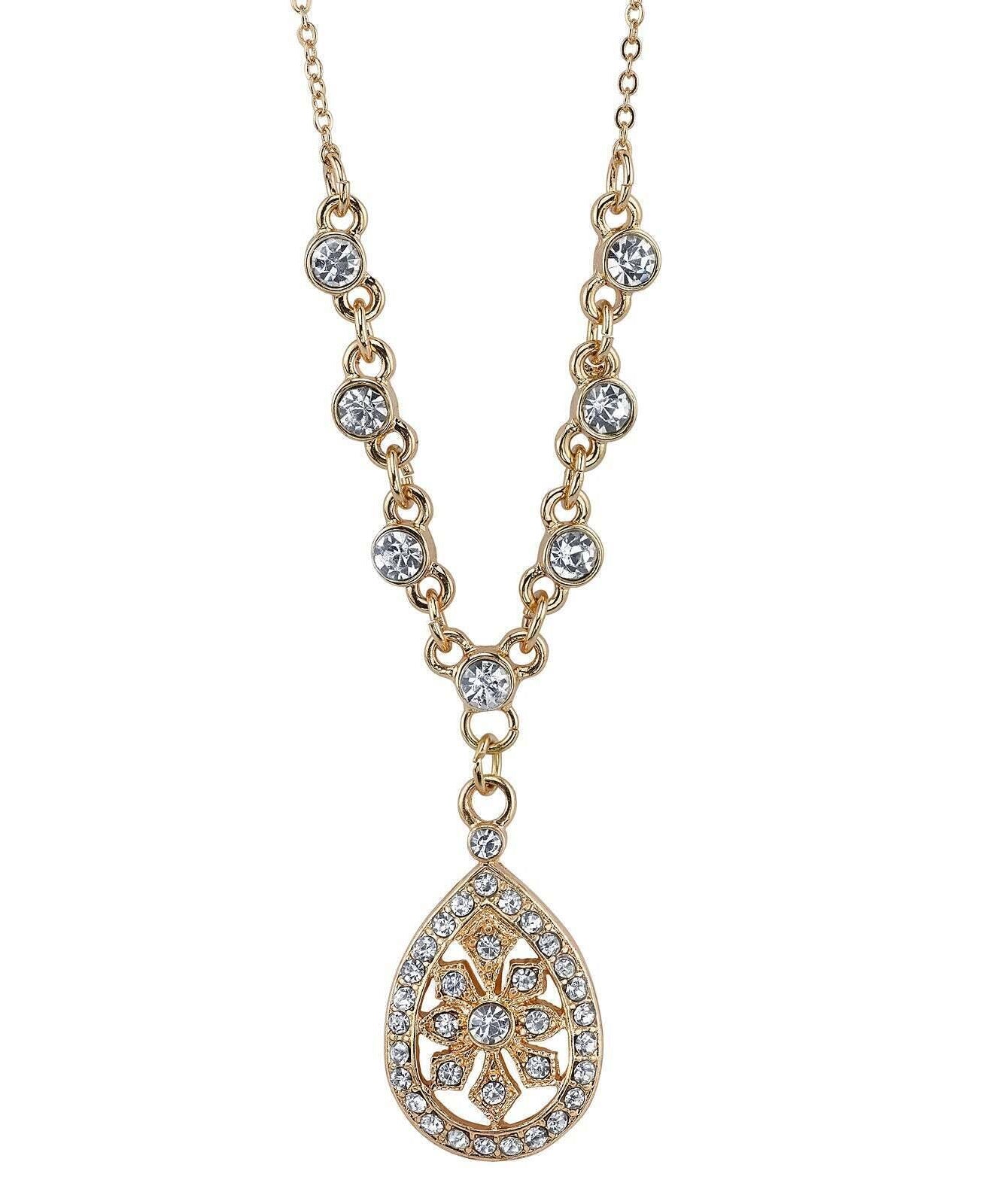 1928 Jewelry Crystal Filigree Teardrop Necklace 16" + 3" Extender