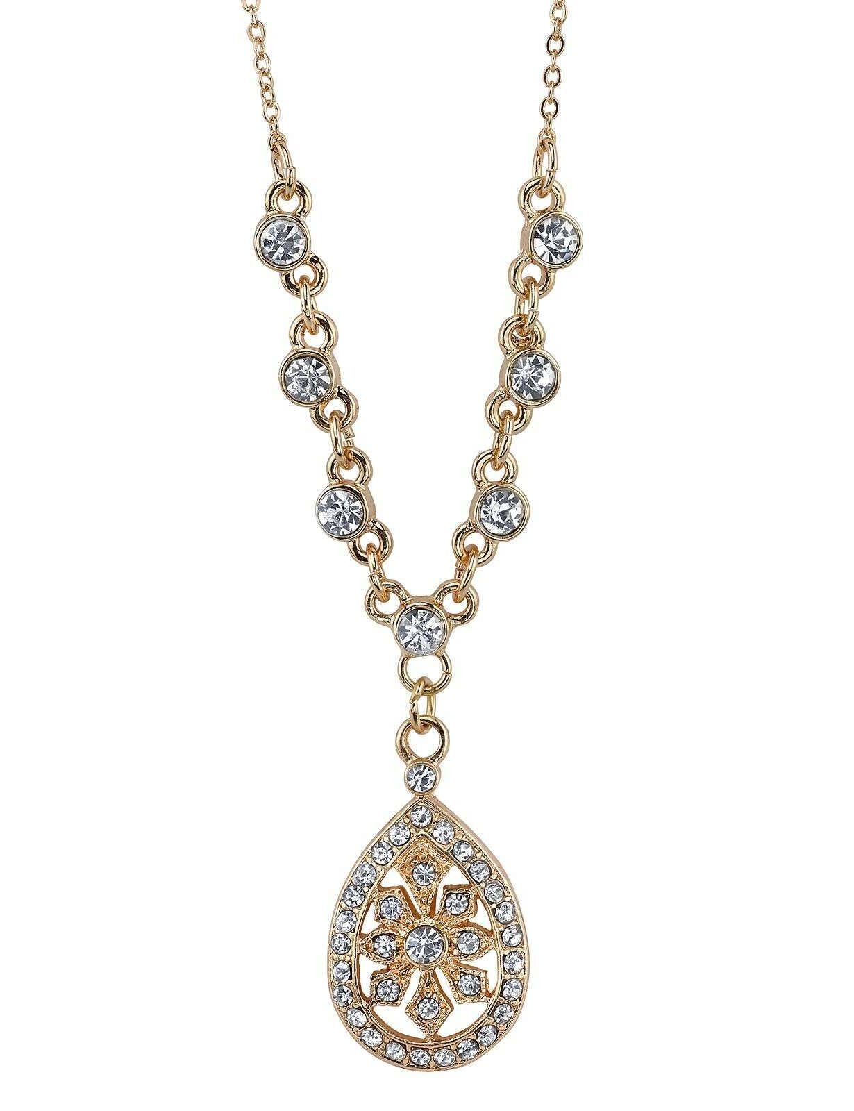 1928 Jewelry Crystal Filigree Teardrop Necklace 16" + 3" Extender