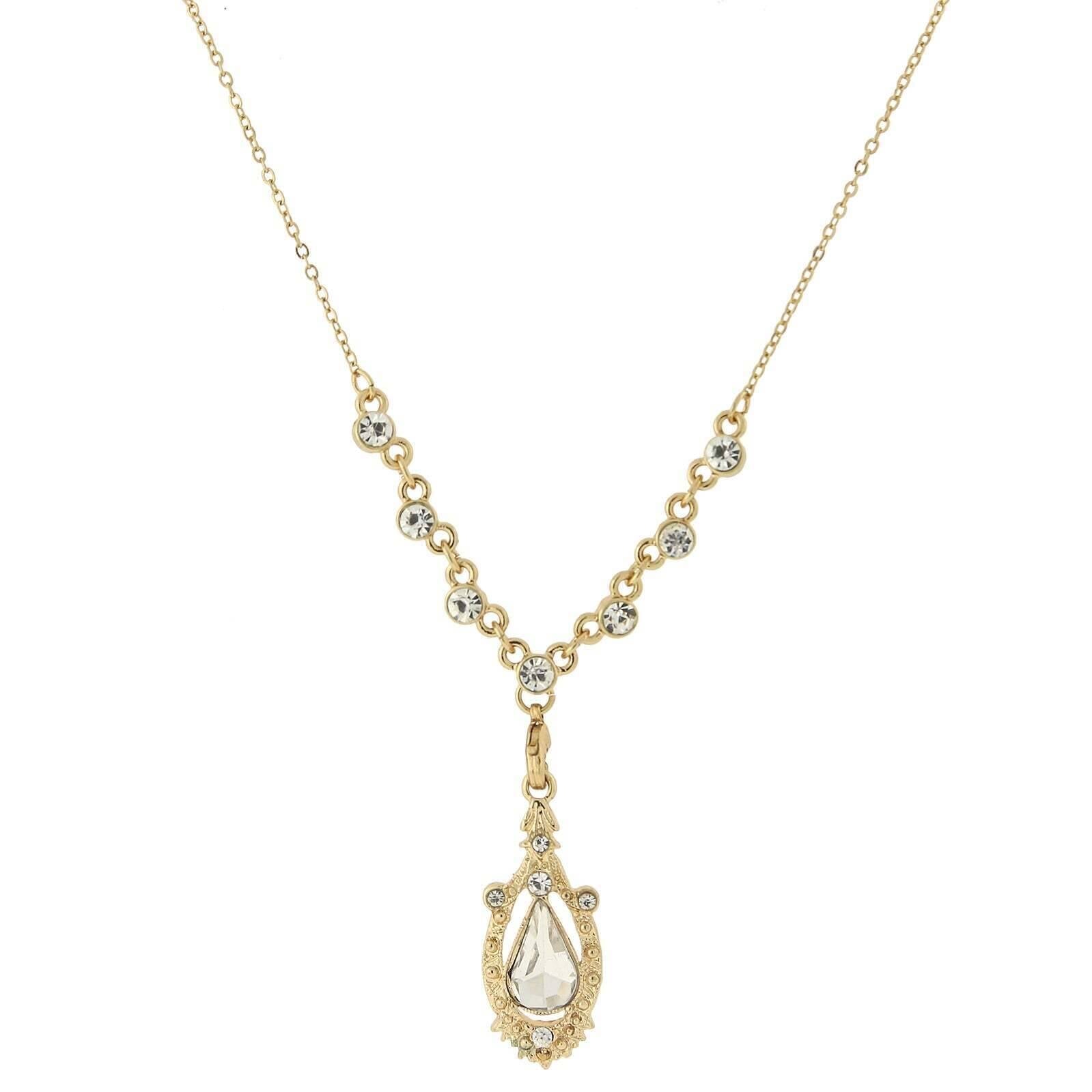 1928 Jewelry Suspended Crystal Teardrop Y-Shape Necklace 16" + 3" Extender