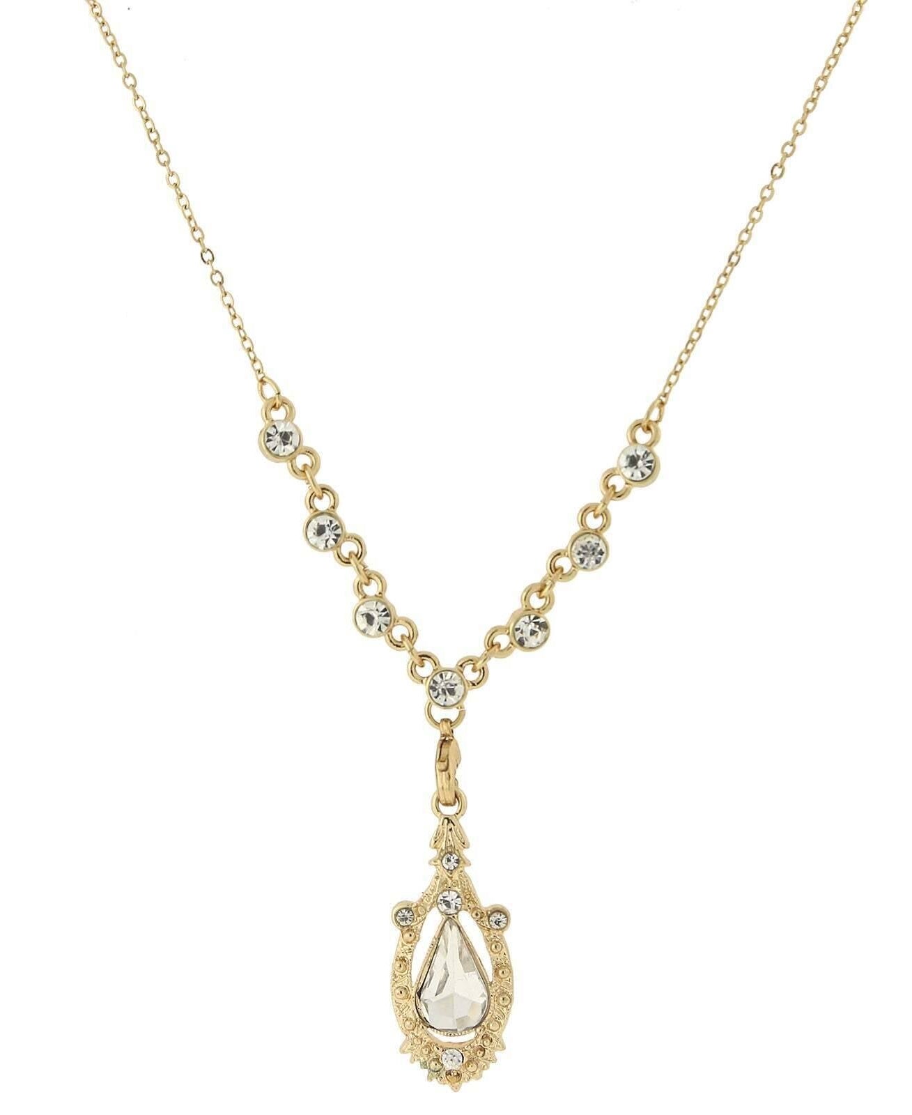 1928 Jewelry Suspended Crystal Teardrop Y-Shape Necklace 16" + 3" Extender