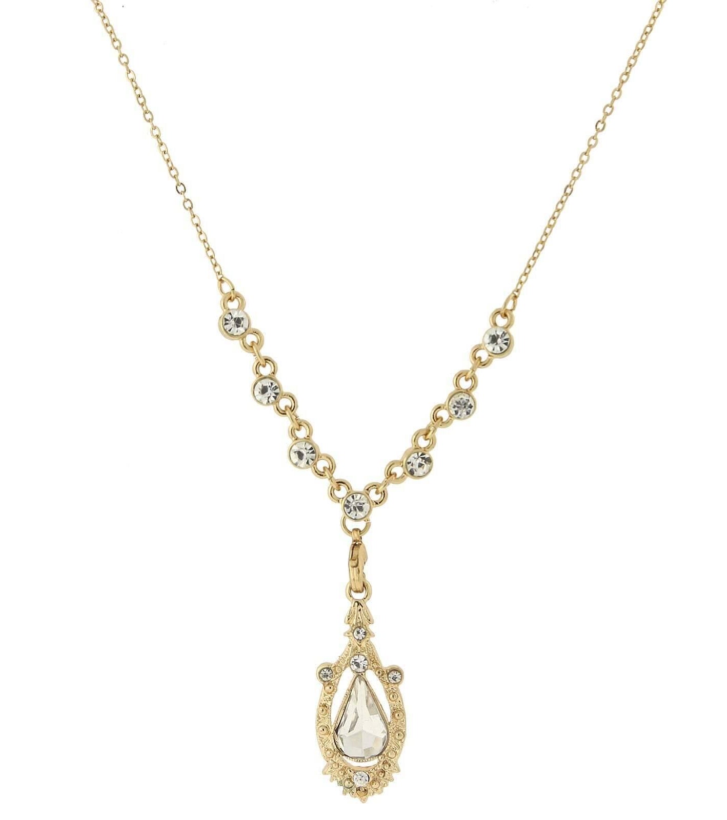 1928 Jewelry Suspended Crystal Teardrop Y-Shape Necklace 16" + 3" Extender