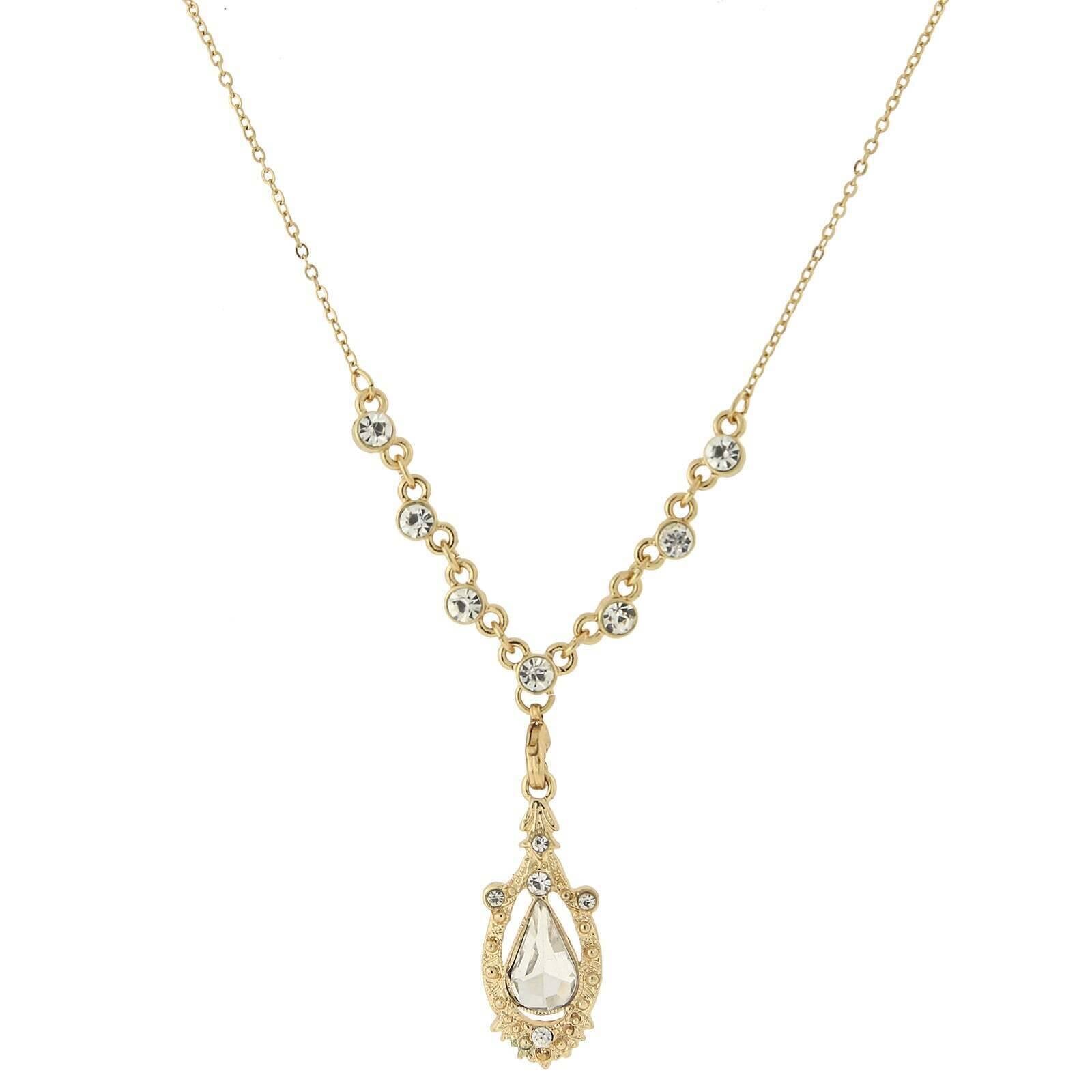 1928 Jewelry Suspended Crystal Teardrop Y-Shape Necklace 16" + 3" Extender