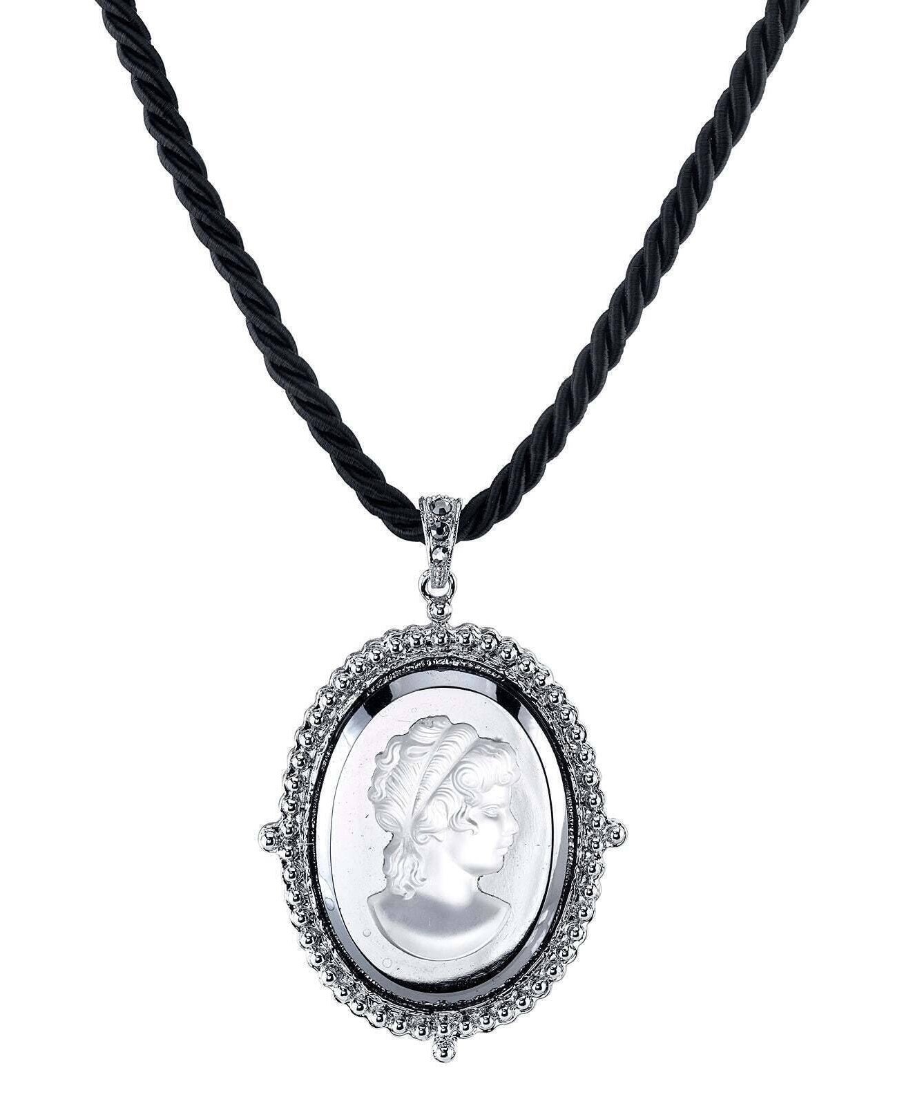 1928 Jewelry Black Rayon Twisted Cord Hematite Frost Cameo Pendant Necklace 16" + 3" Extender