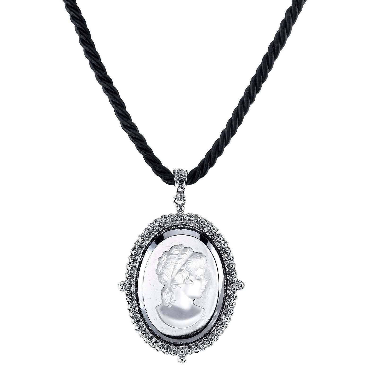 1928 Jewelry Black Rayon Twisted Cord Hematite Frost Cameo Pendant Necklace 16" + 3" Extender