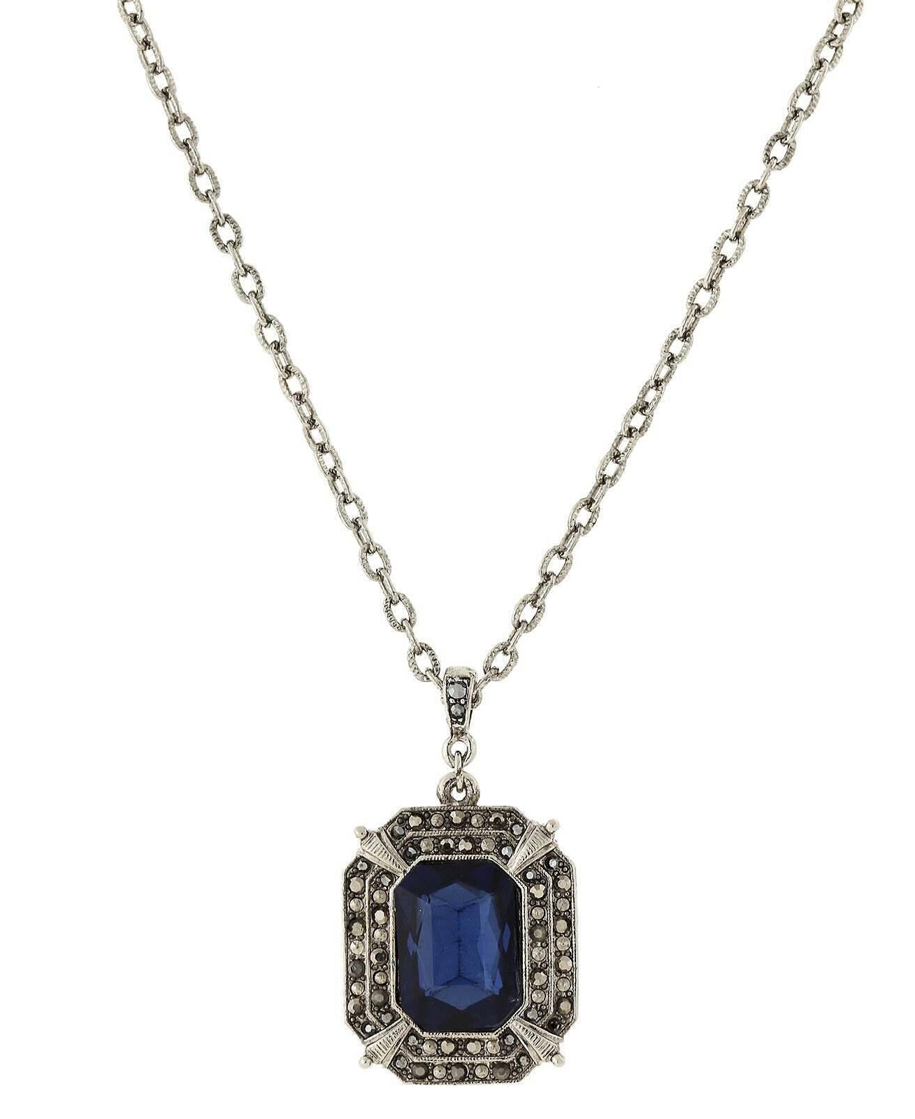 2028 Jewelry Octagon Montana Blue & Hematite Glass Crystal Pendant Necklace 16" + 3" Extender
