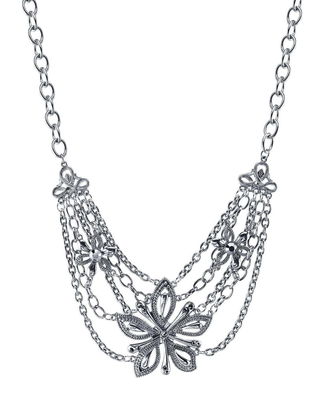 1928 Jewelry Hematite Glass Stone Crystal Flower Statement Necklace 16" + 3" Extender