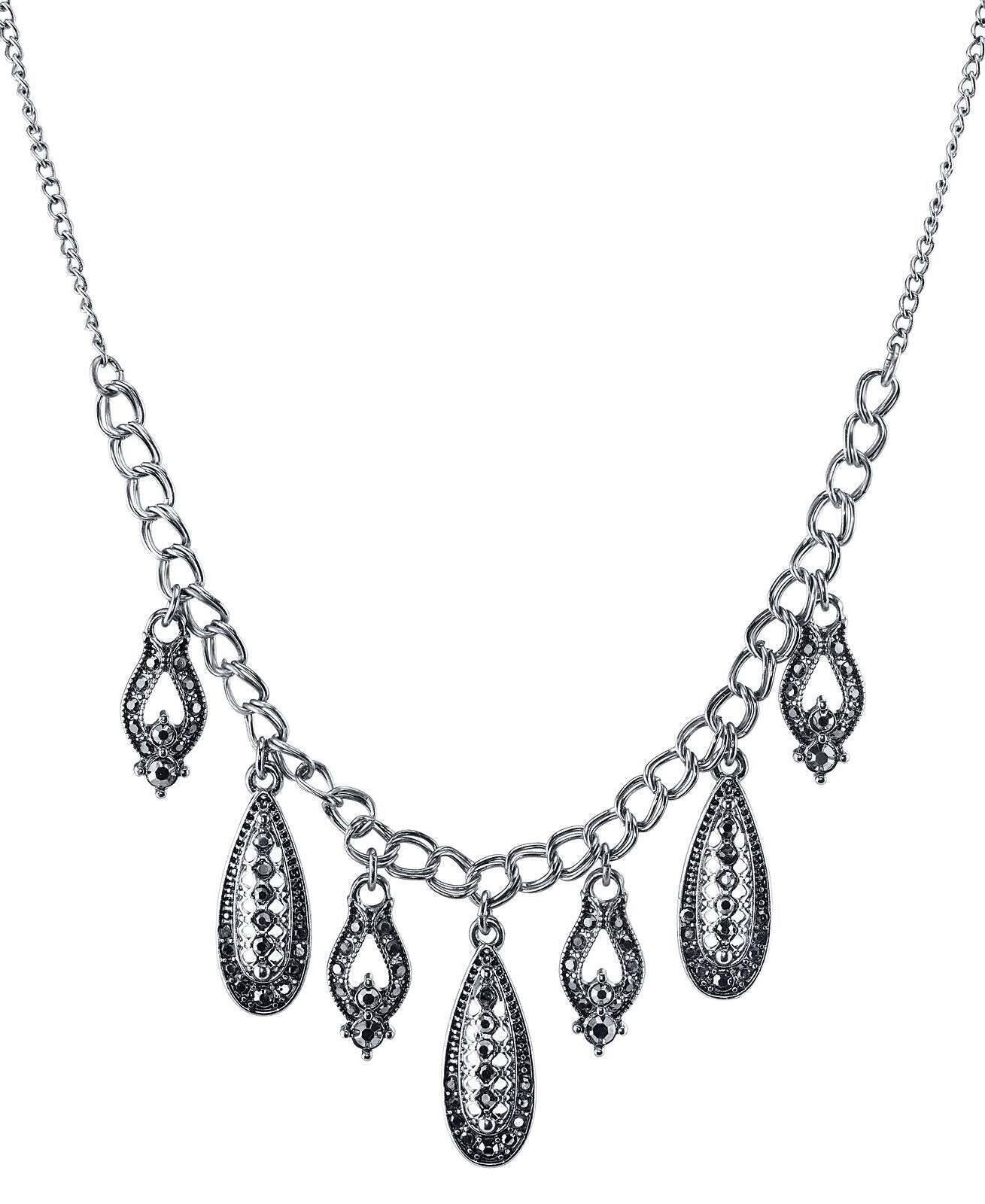 1928 Jewelry Hematite Glass Crystal Drop Necklace 16" + 3" Extender