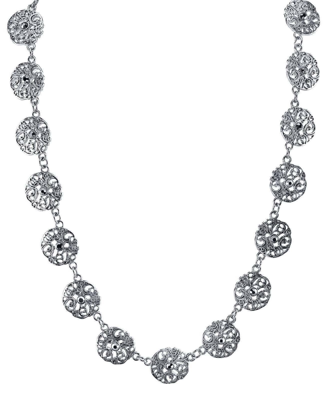 1928 Jewelry Hematite Crystal Filigree Disk Collar Necklace 16" + 3" Extender