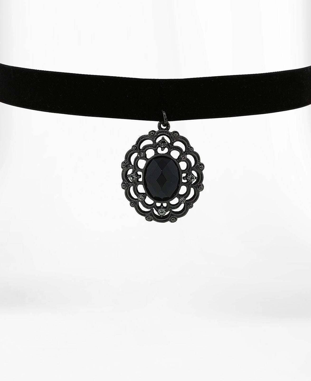 1928 Jewelry Black Velvet Choker With Large Filigree Crystal Accent Pendant Necklace
