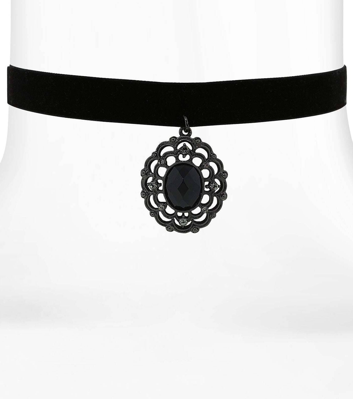 1928 Jewelry Black Velvet Choker With Large Filigree Crystal Accent Pendant Necklace