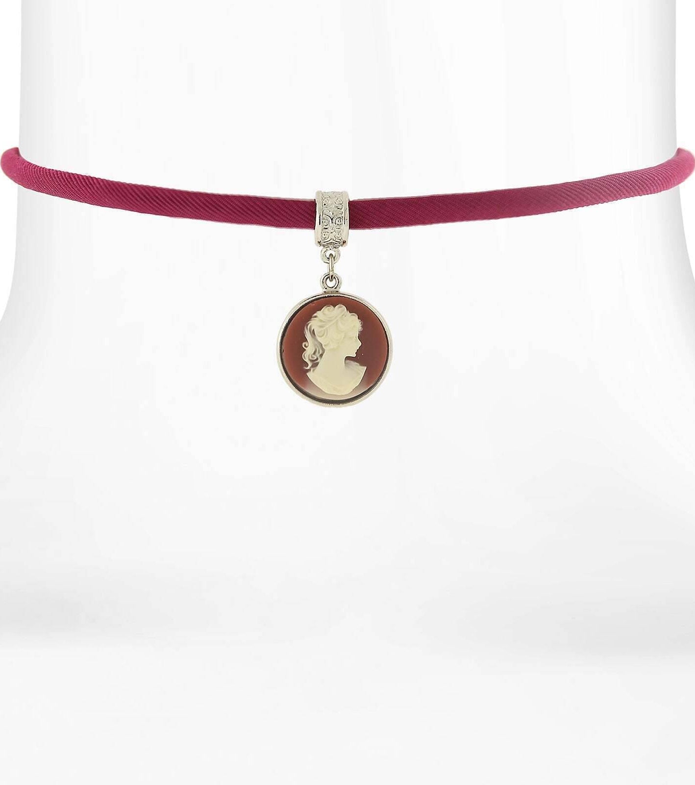 1928 Jewelry Carnelian Red Cameo Pendant Purple Bengaline Choker Necklace 12" + 5" Extender