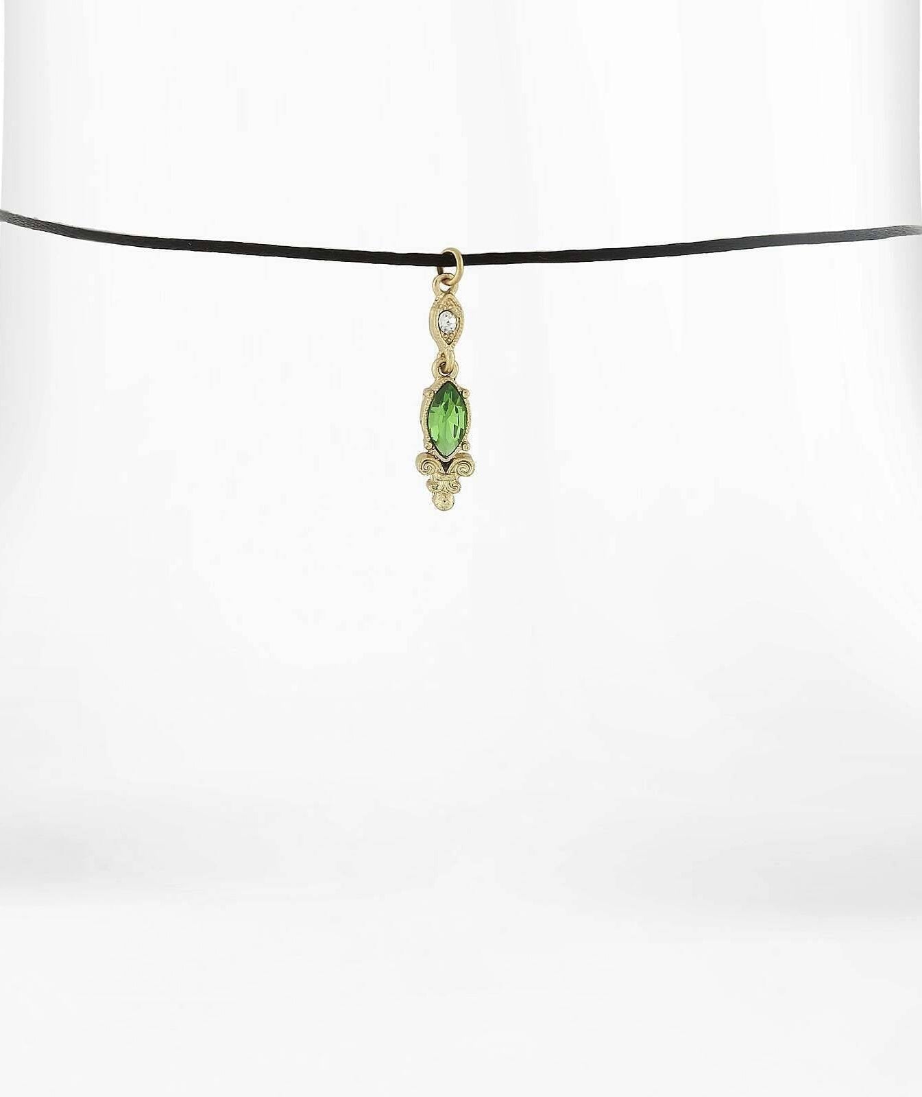 1928 Jewelry Black Choker Navette Green And Crystal Accent Drop Necklace 14" + 5" Extender