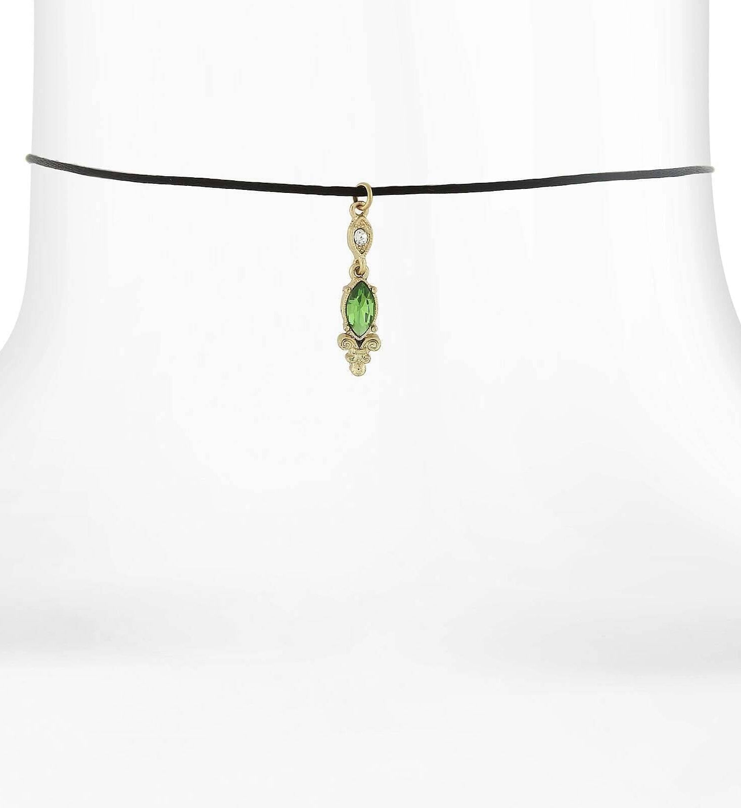 1928 Jewelry Black Choker Navette Green And Crystal Accent Drop Necklace 14" + 5" Extender