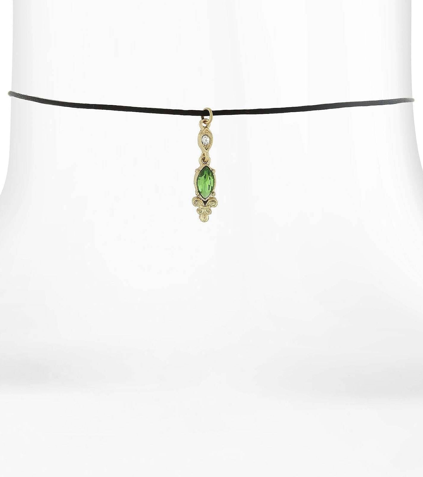 1928 Jewelry Black Choker Navette Green And Crystal Accent Drop Necklace 14" + 5" Extender