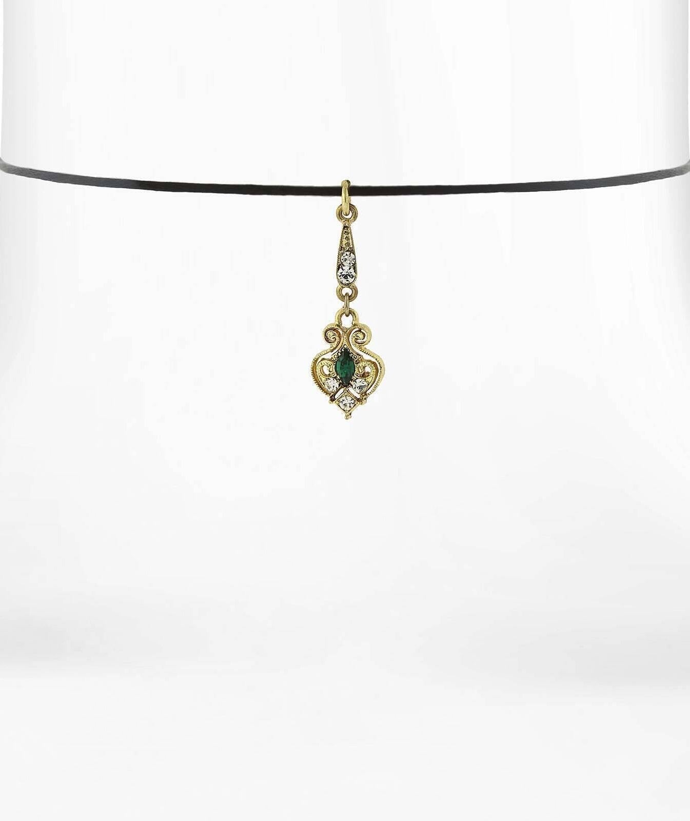 1928 Jewelry Black Choker Green And Crystal Accent Drop Necklace 14" + 5" Extender