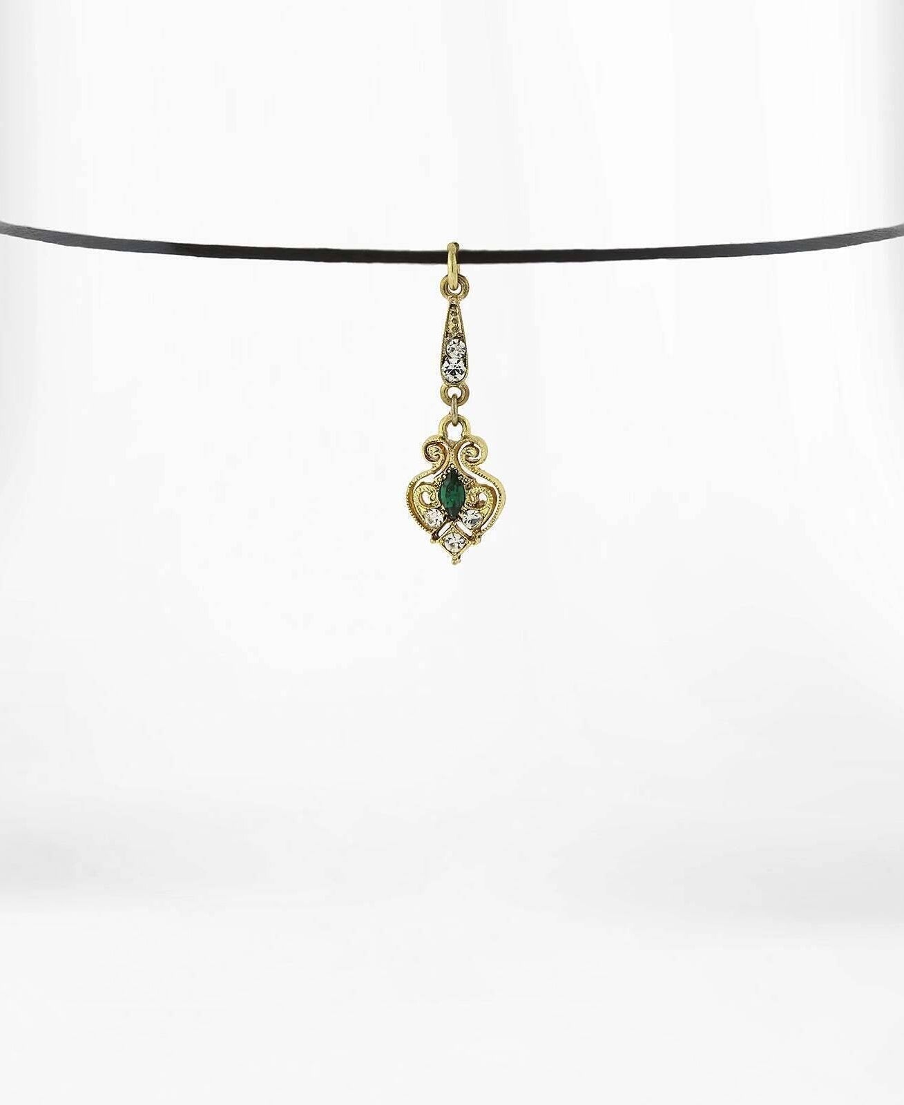 1928 Jewelry Black Choker Green And Crystal Accent Drop Necklace 14" + 5" Extender