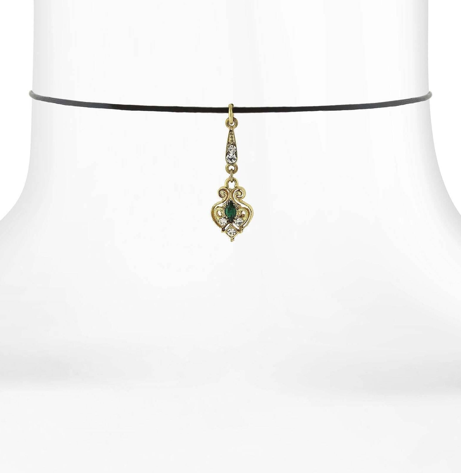 1928 Jewelry Black Choker Green And Crystal Accent Drop Necklace 14" + 5" Extender