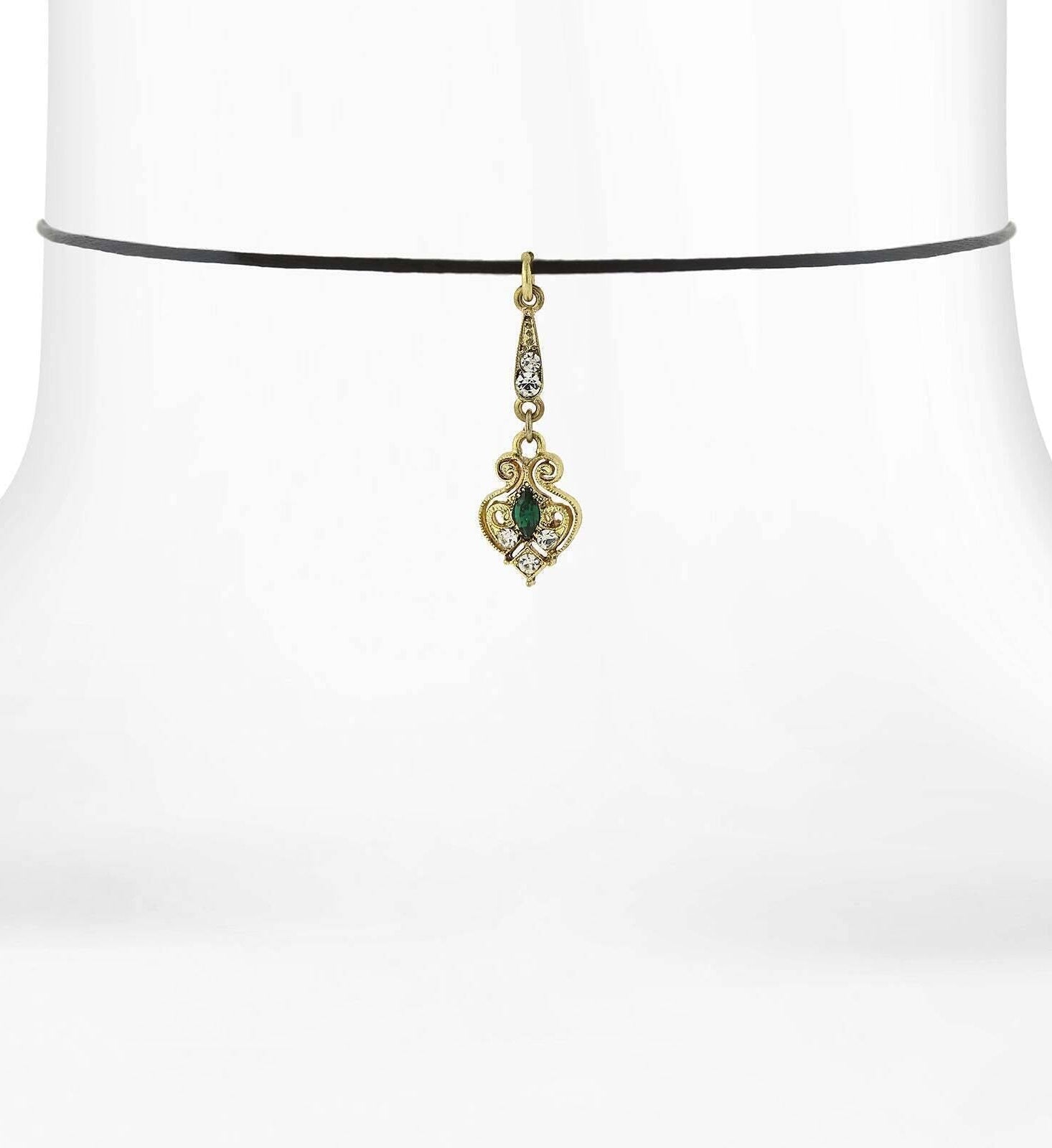 1928 Jewelry Black Choker Green And Crystal Accent Drop Necklace 14" + 5" Extender