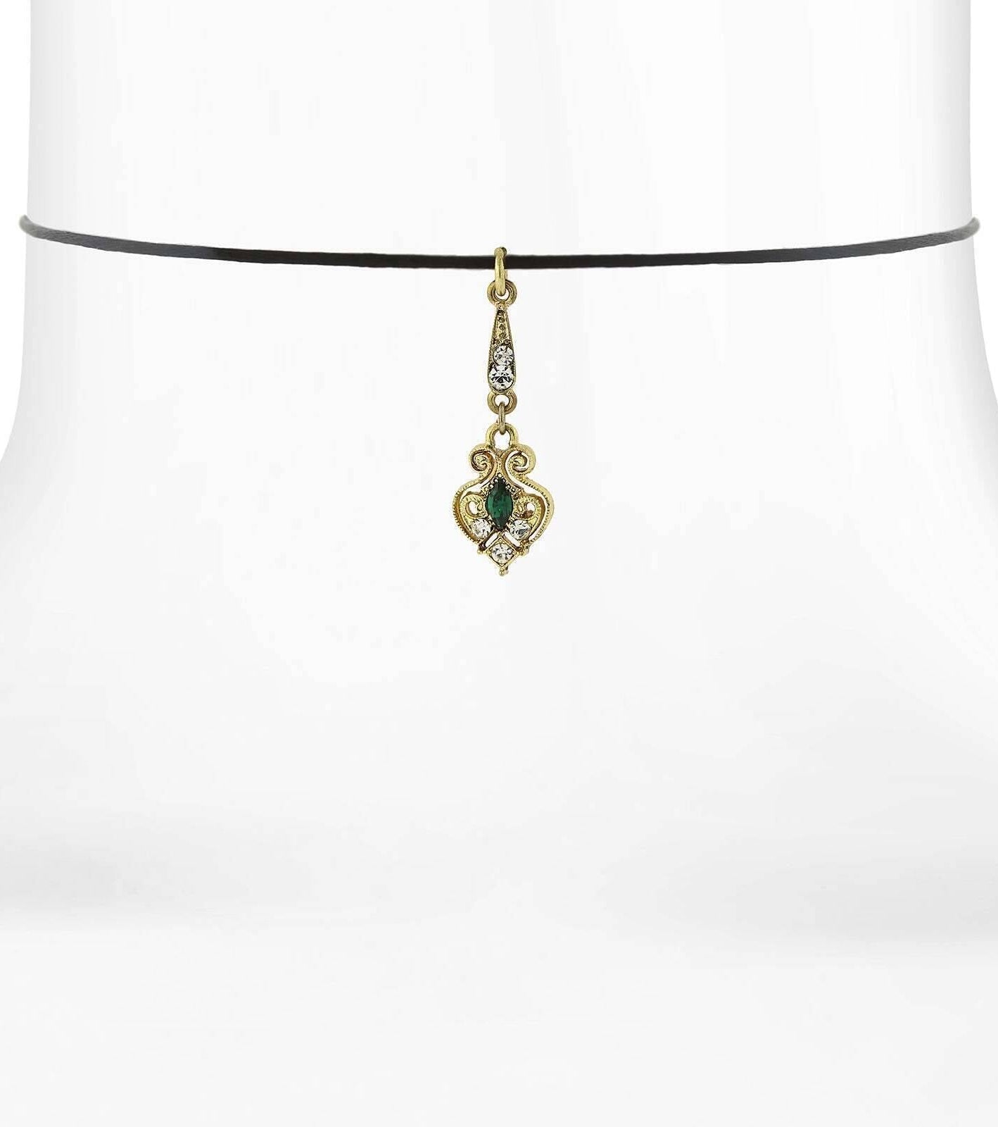 1928 Jewelry Black Choker Green And Crystal Accent Drop Necklace 14" + 5" Extender