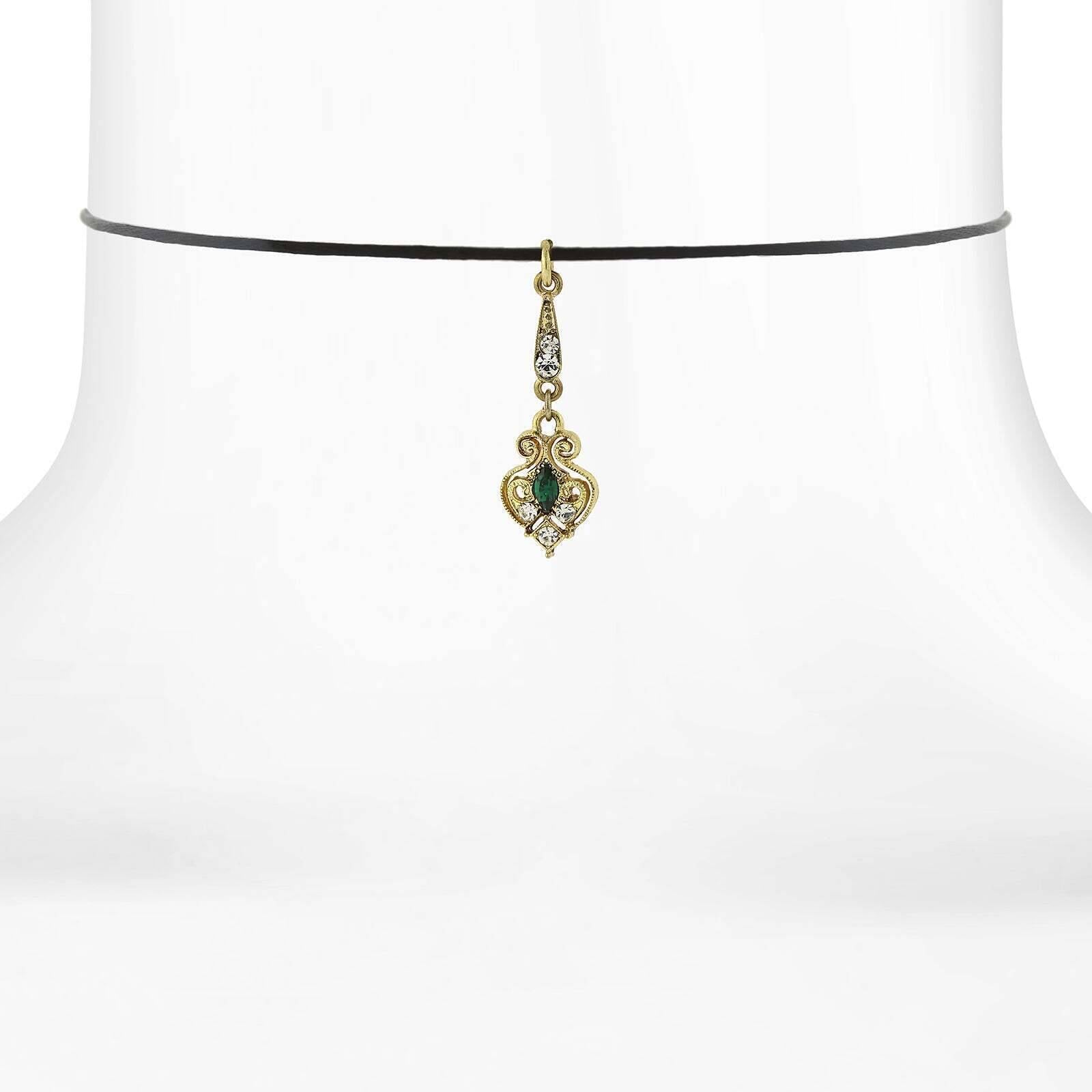 1928 Jewelry Black Choker Green And Crystal Accent Drop Necklace 14" + 5" Extender