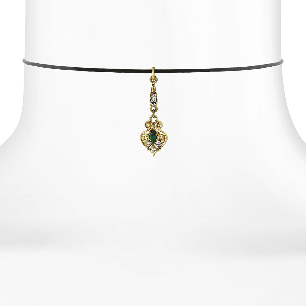 Black Choker With Gold Tone Green And Crystal Accent Drop 14 In Adj