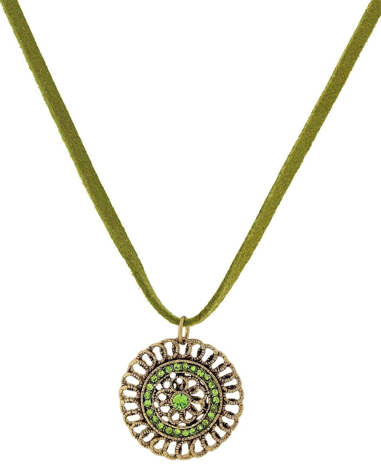 1928 Jewelry Green Velvet Choker Olivine Green Crystal Round Flower Pendant Necklace 16"