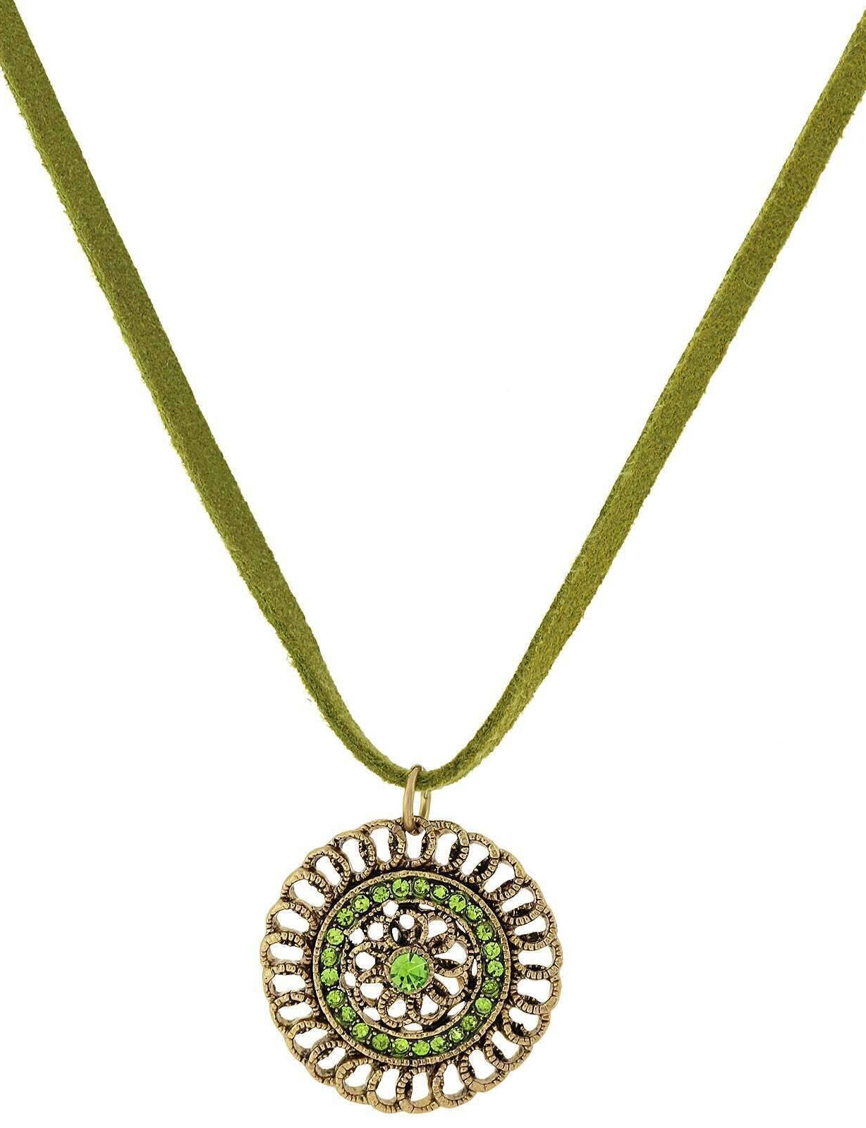 1928 Jewelry Green Velvet Choker Olivine Green Crystal Round Flower Pendant Necklace 16"