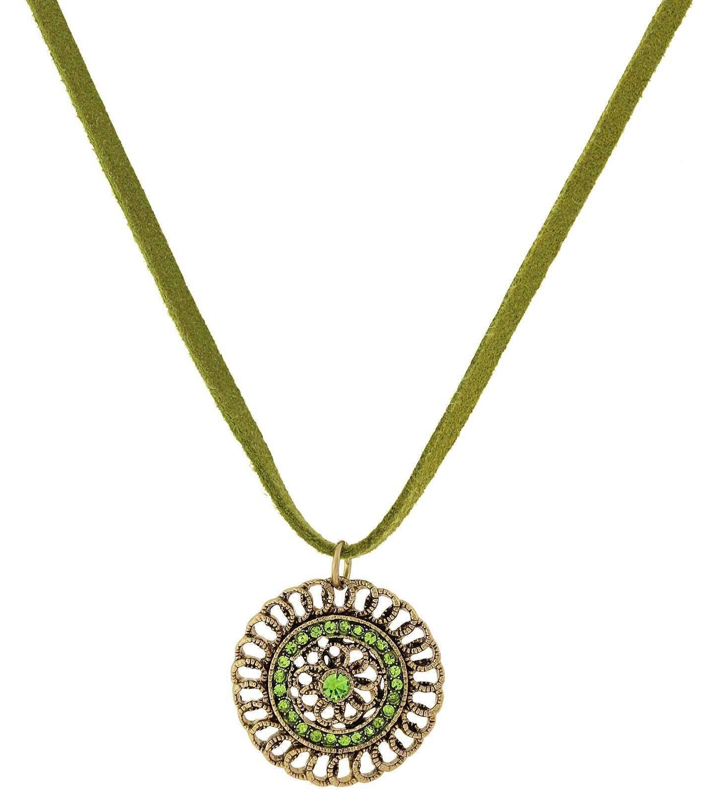 1928 Jewelry Green Velvet Choker Olivine Green Crystal Round Flower Pendant Necklace 16"