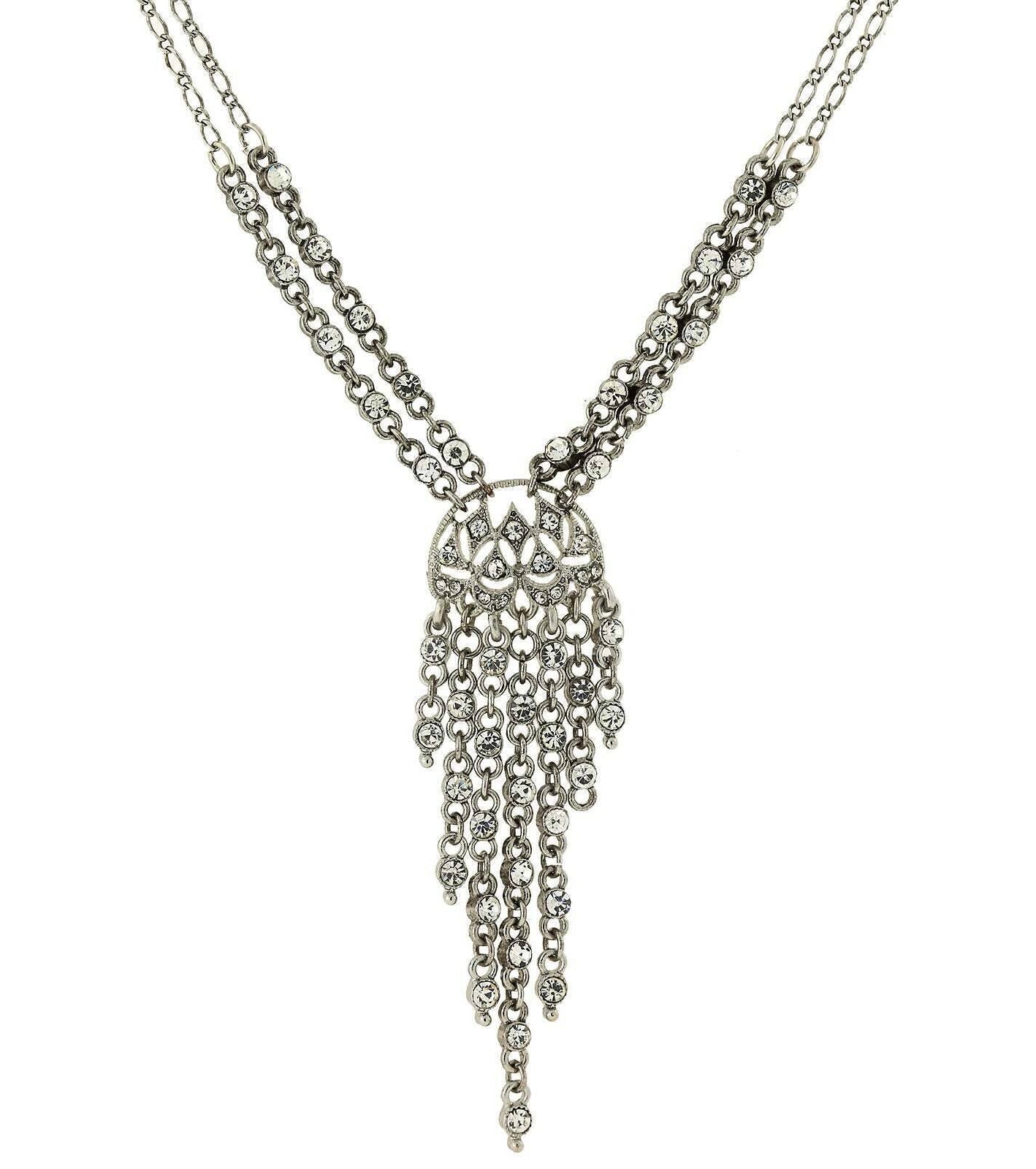 2028 Jewelry Clear Crystal Front Drop Statement Necklace 15" + 3" Extender