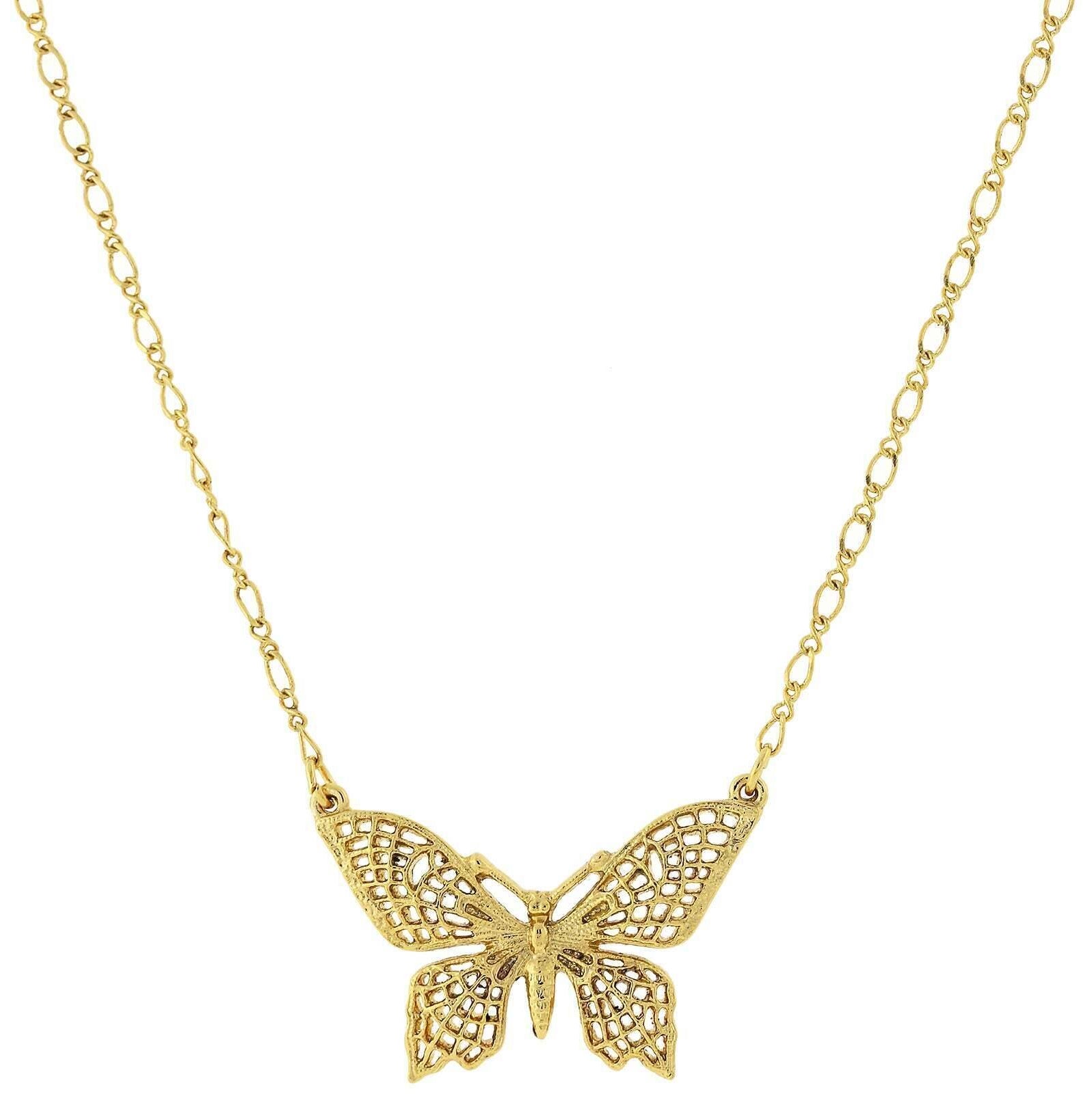 1928 Jewelry Gold Filigree Butterfly Pendant Necklace 16" + 3" Extender
