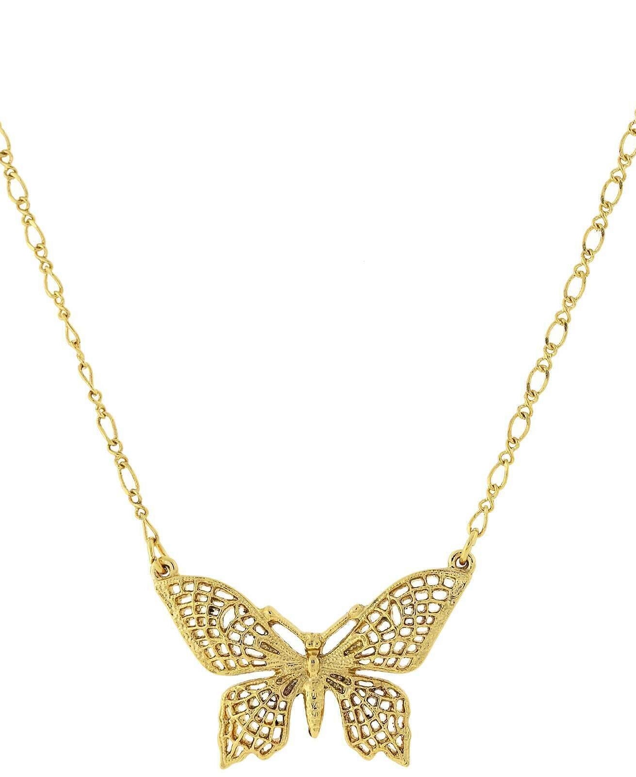 1928 Jewelry Gold Filigree Butterfly Pendant Necklace 16" + 3" Extender