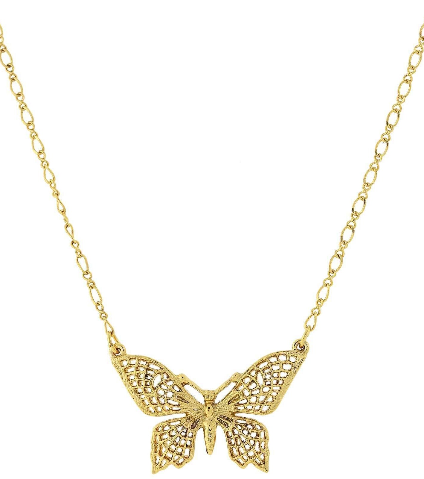 1928 Jewelry Gold Filigree Butterfly Pendant Necklace 16" + 3" Extender