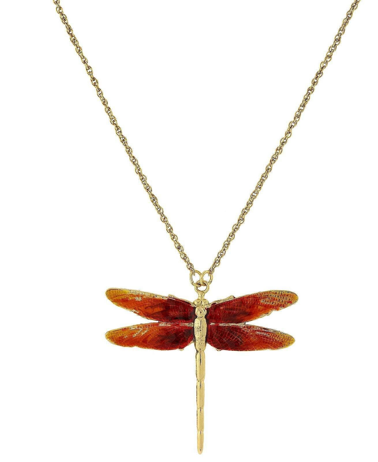 1928 Jewelry Orange Enamel Dragonfly Pendant Necklace 16" + 3" Extender