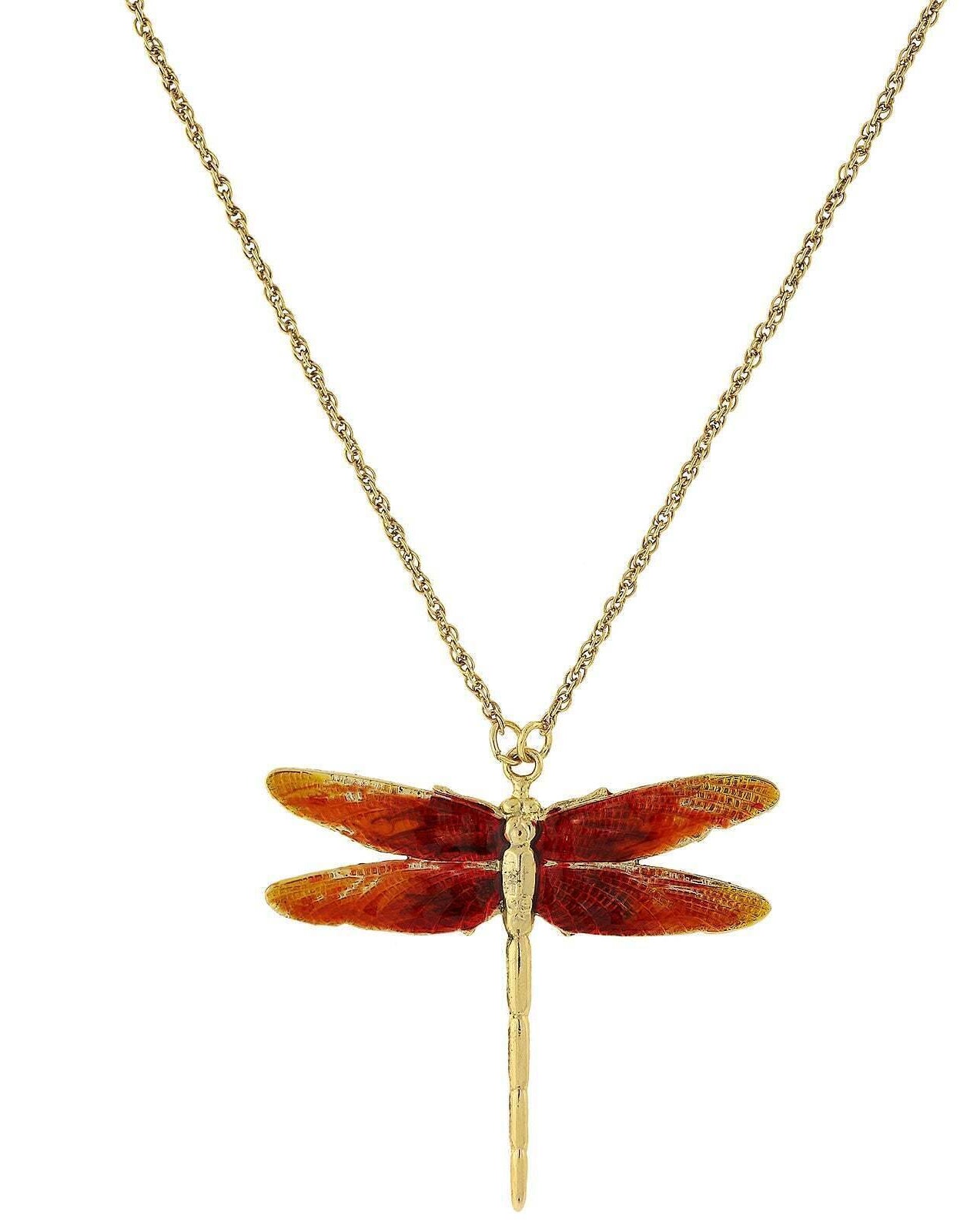 1928 Jewelry Orange Enamel Dragonfly Pendant Necklace 16" + 3" Extender