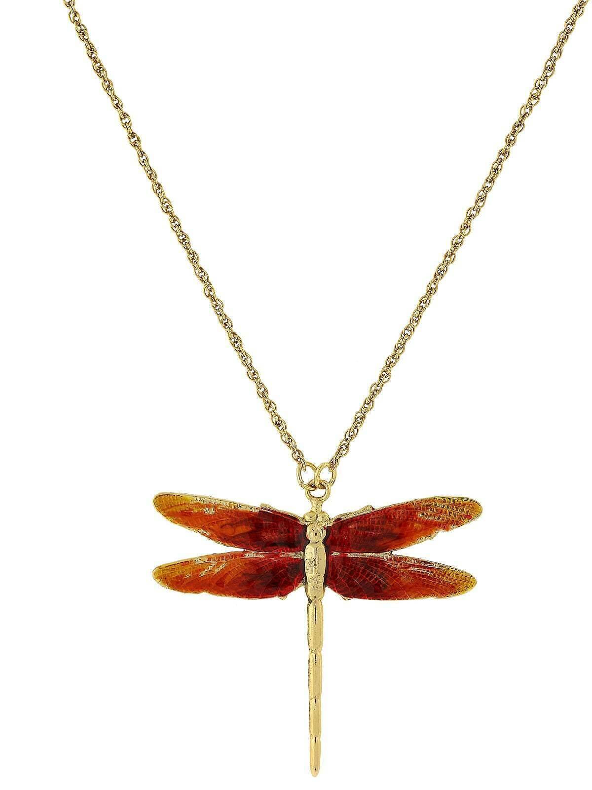1928 Jewelry Orange Enamel Dragonfly Pendant Necklace 16" + 3" Extender