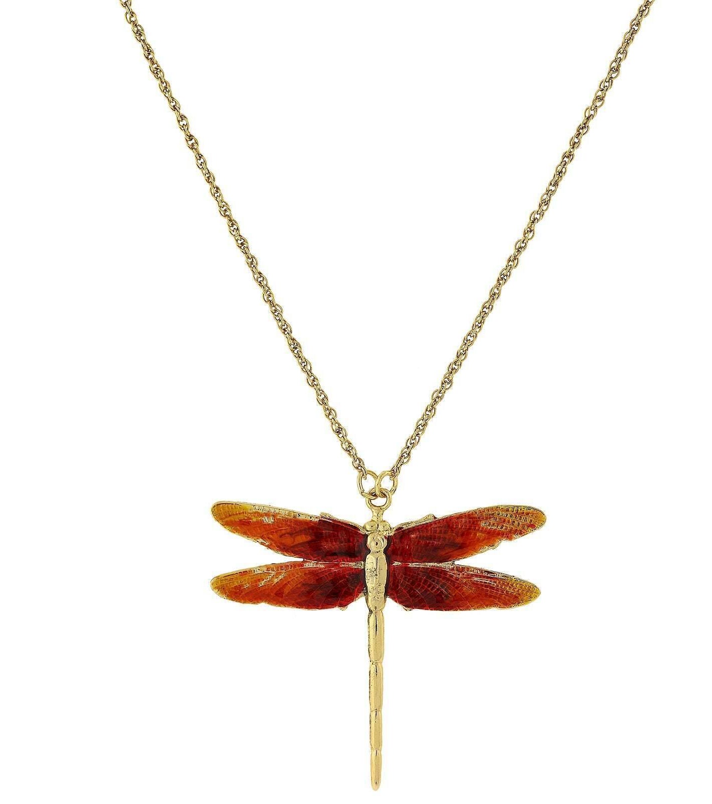 1928 Jewelry Orange Enamel Dragonfly Pendant Necklace 16" + 3" Extender
