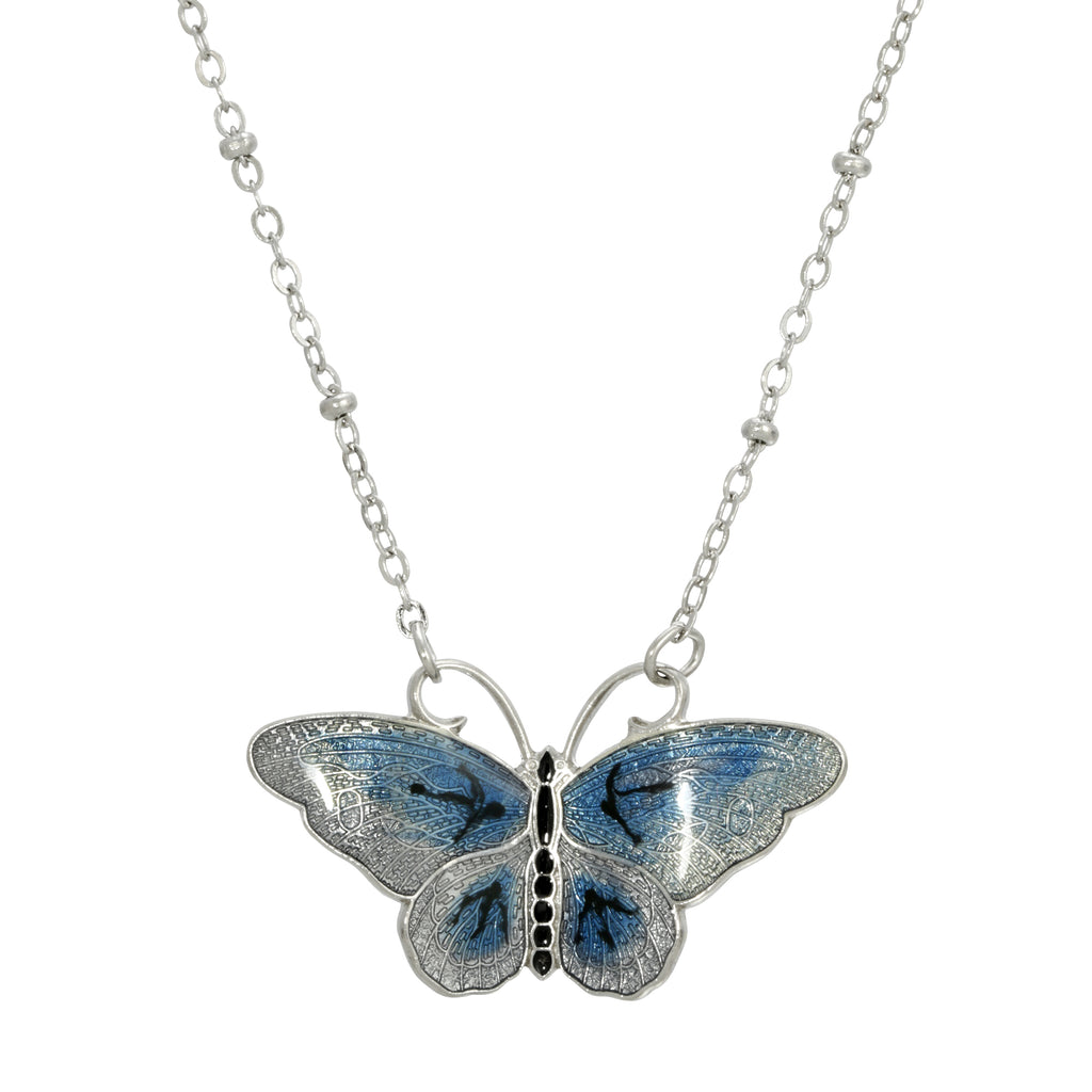 Blue Enamel Butterfly Necklace 16.5   19.5 Inch Adjustable