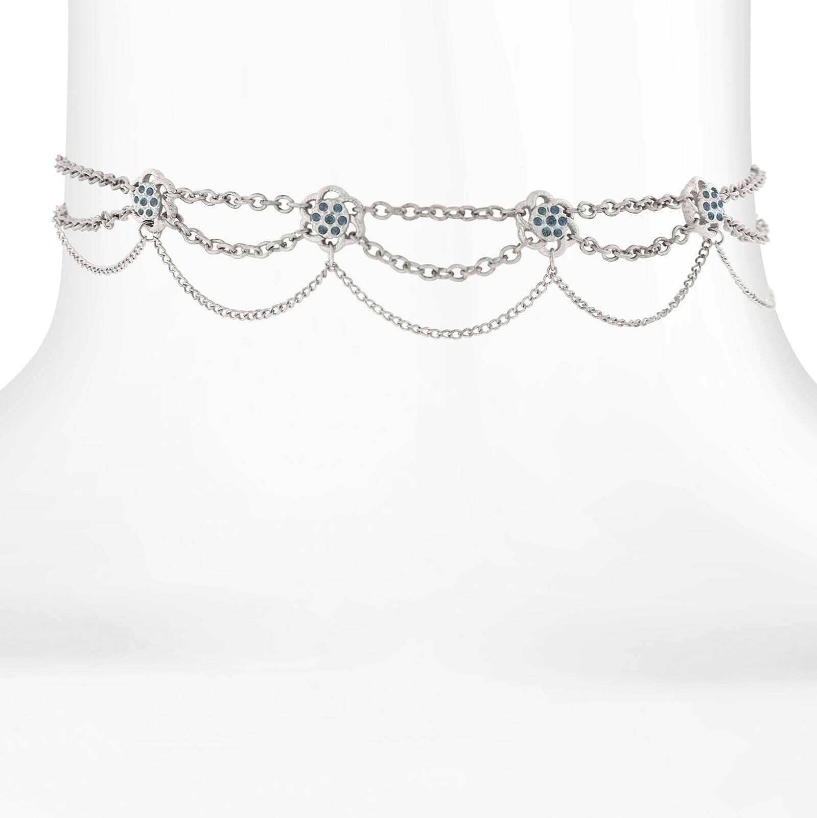 1928 Jewelry Montana Blue Flower Crystal Silver Chain Drape Choker Necklace 12" + 5" Extender
