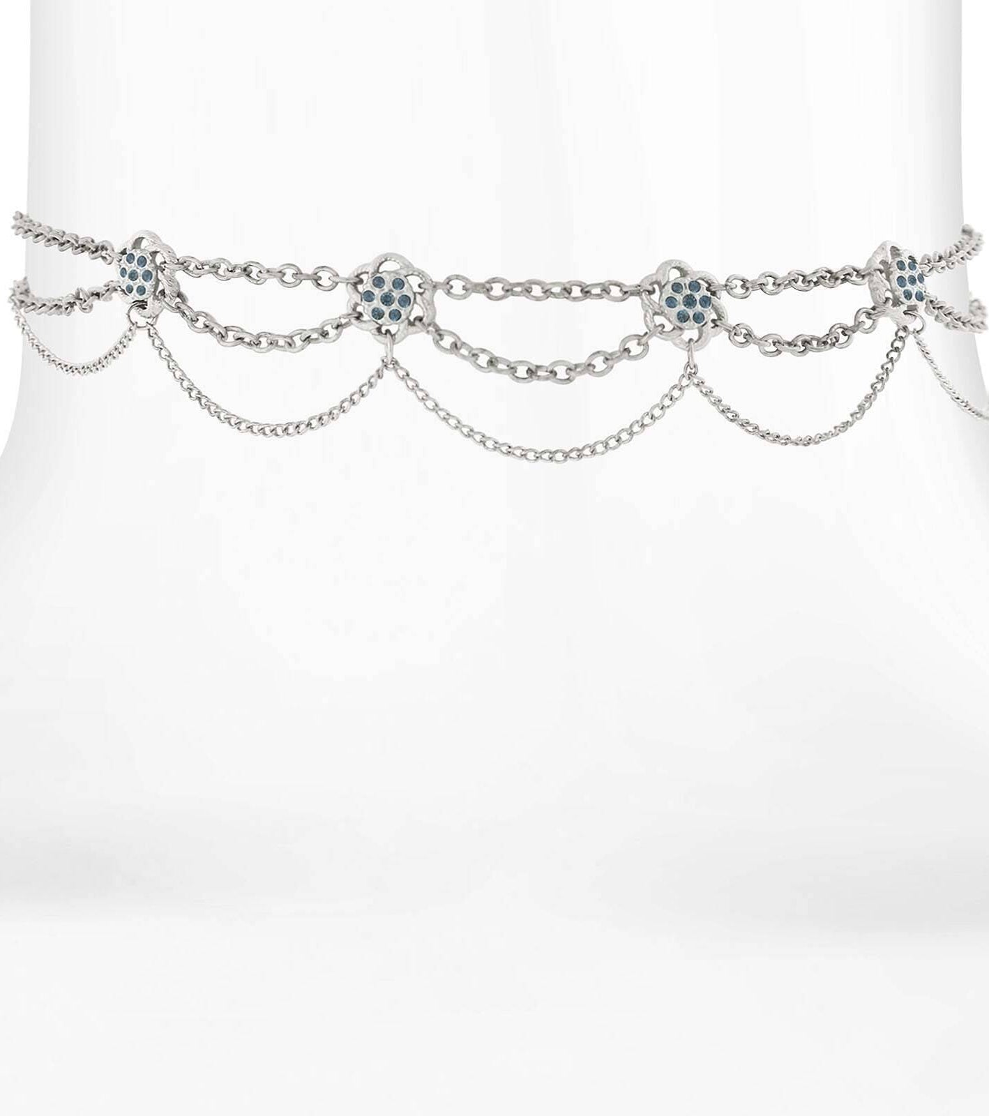 1928 Jewelry Montana Blue Flower Crystal Silver Chain Drape Choker Necklace 12" + 5" Extender