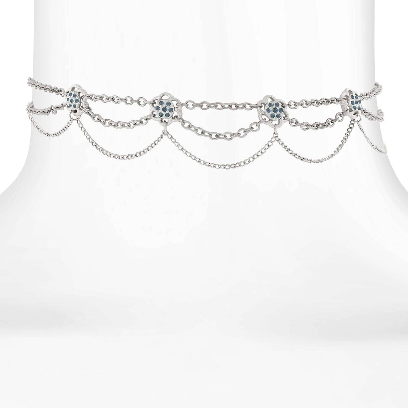 1928 Jewelry Montana Blue Flower Crystal Silver Chain Drape Choker Necklace 12" + 5" Extender
