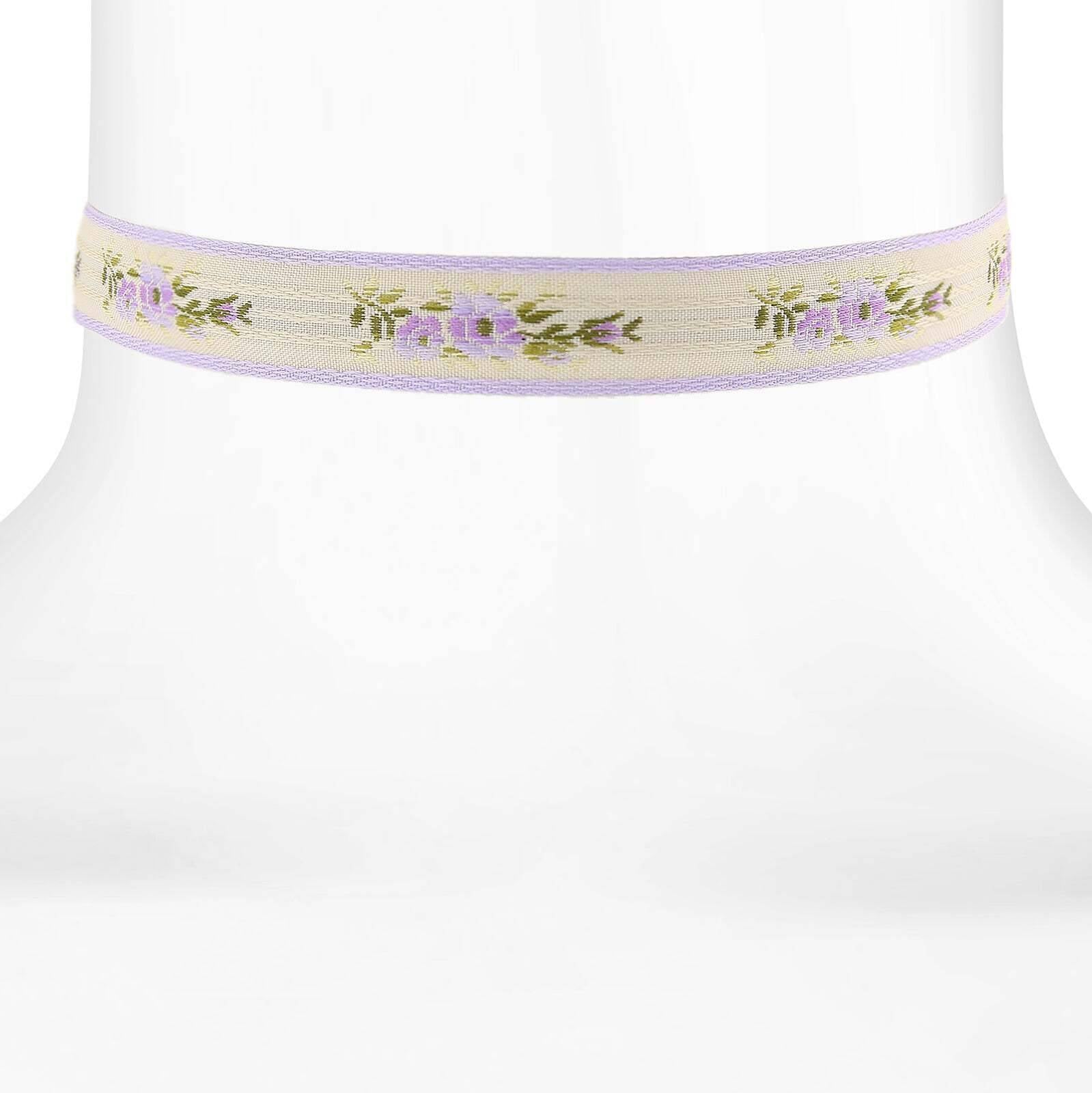 1928 Jewelry Floral Ribbon Choker With Lilac Purple Trim Necklace 12" + 5" Extender